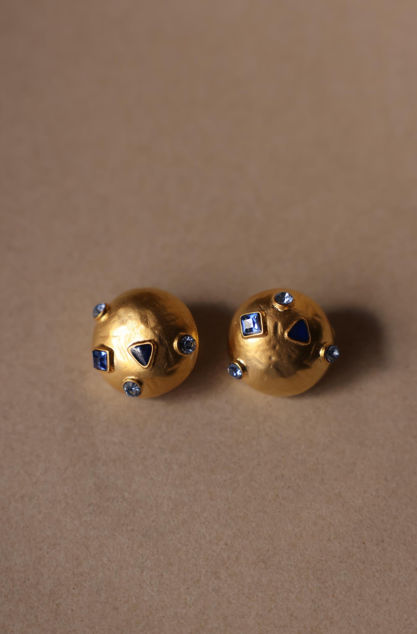 Round Matte Gold and Blue Cabochon Clip-On Earrings