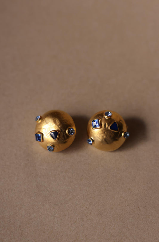 Round Matte Gold and Blue Cabochon Clip-On Earrings