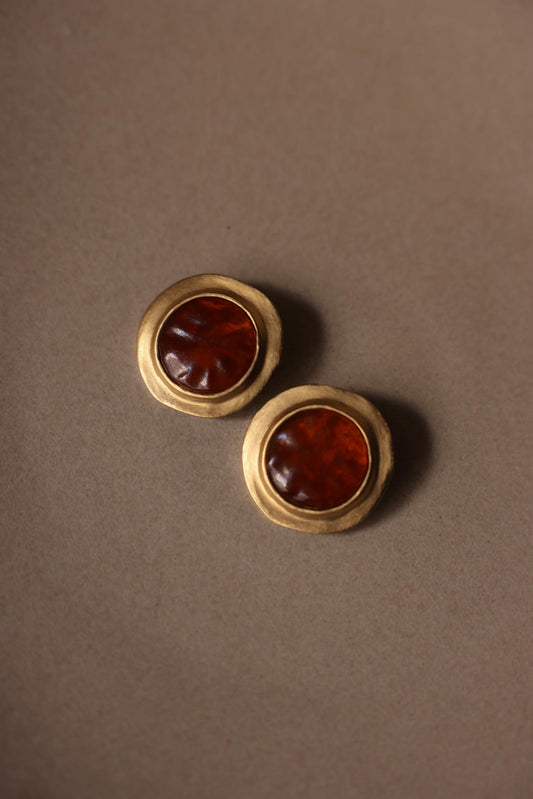 Round Matte Gold and Amber Cabochon Clip-On Earrings|Vintage Baazaar 
