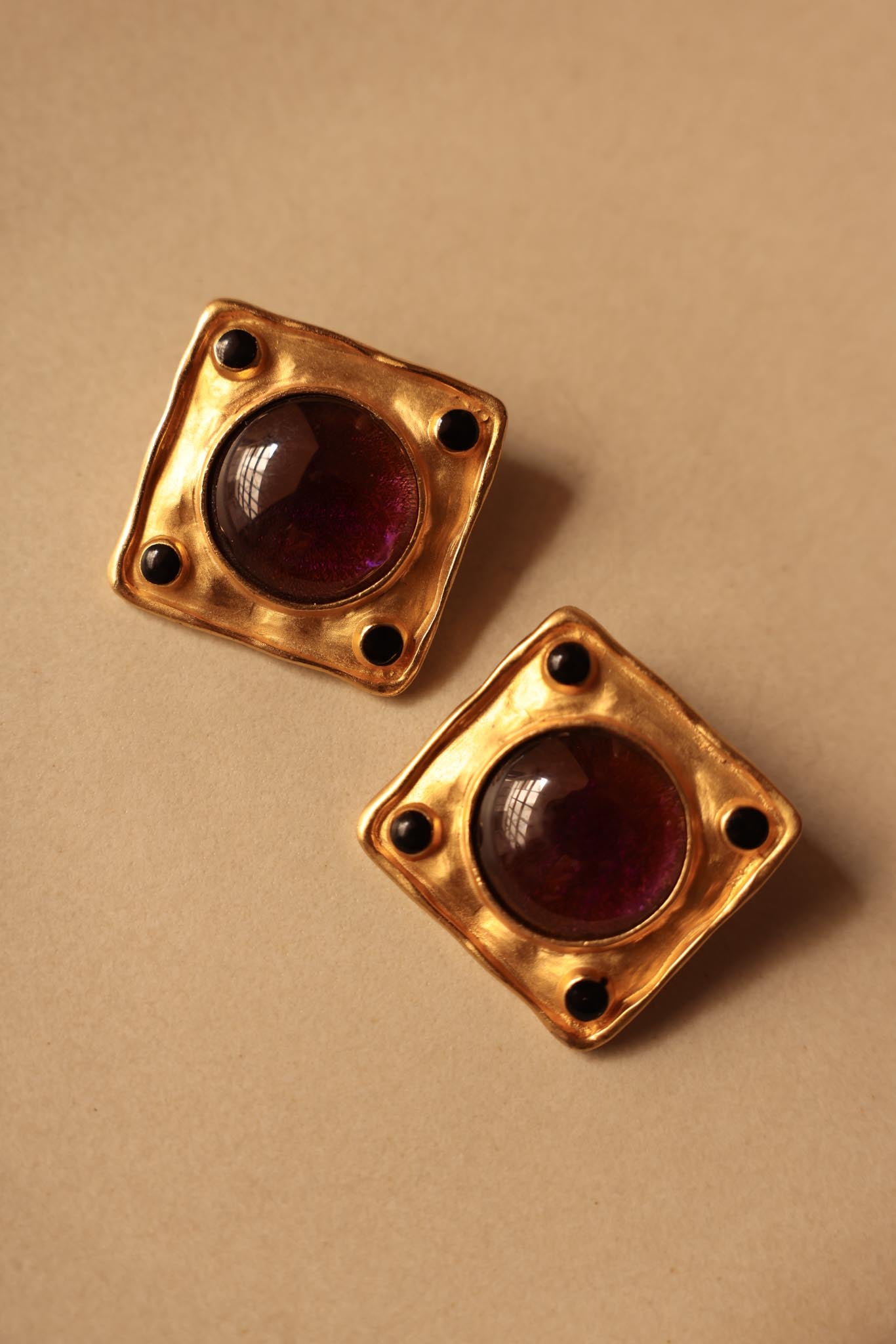 Geometric Purple Cabochon Clip-On Earrings|Vintage Baazaar 