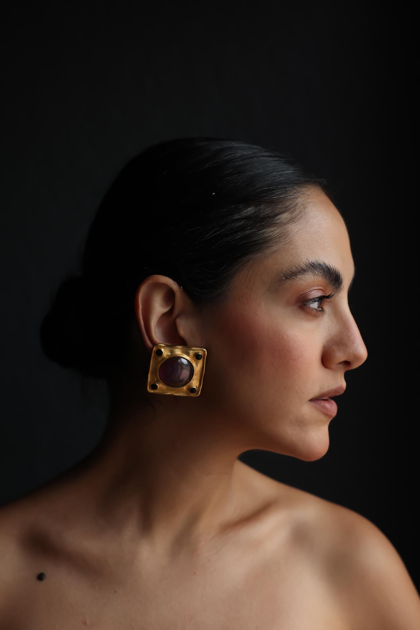 Geometric Purple Cabochon Clip-On Earrings|Vintage Baazaar 