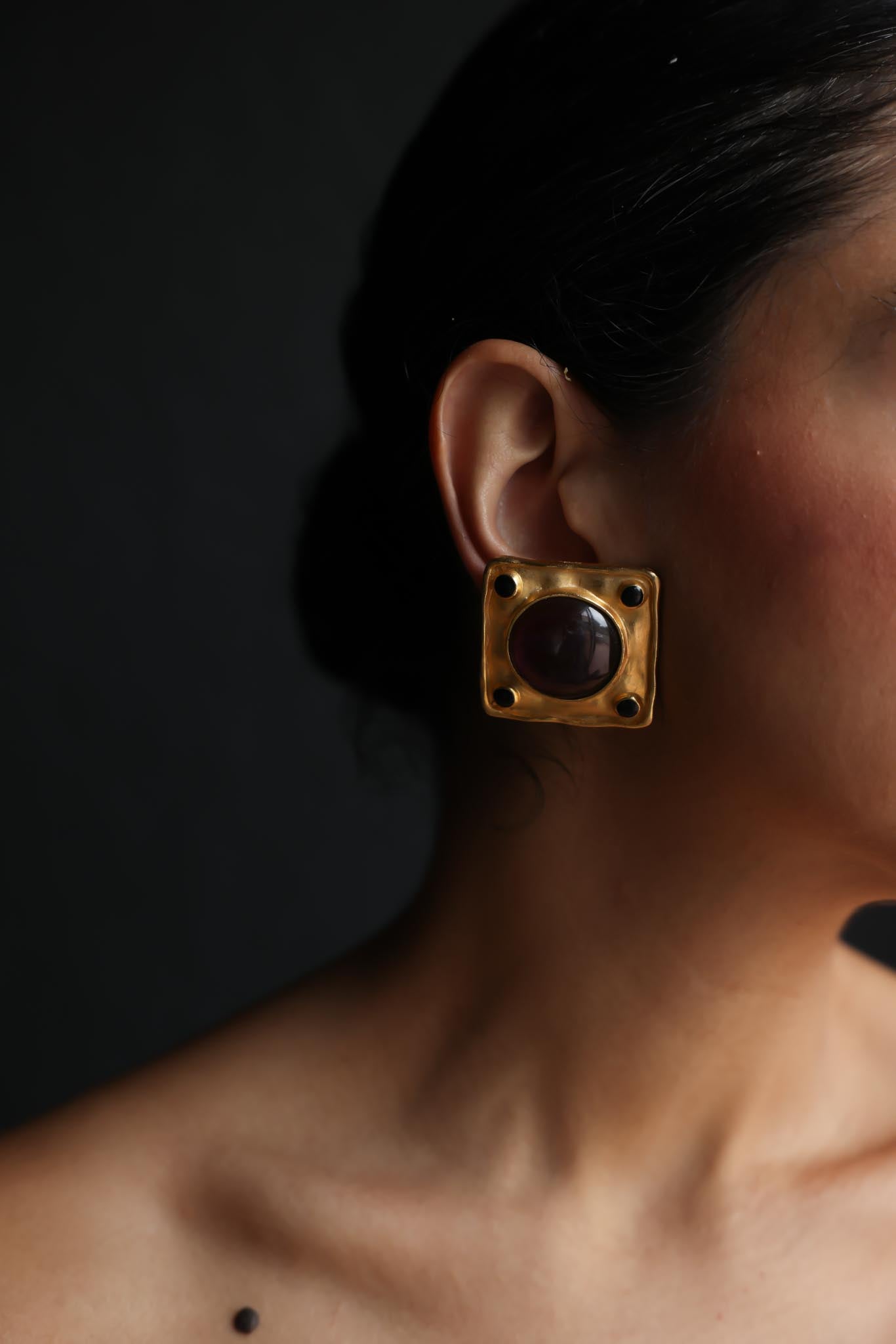Geometric Purple Cabochon Clip-On Earrings|Vintage Baazaar 