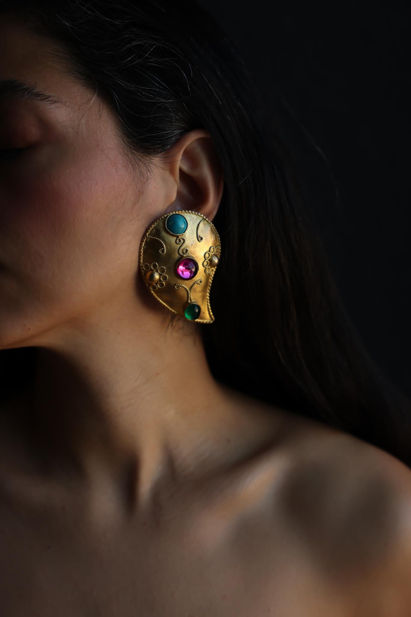 1980s Matte Gold Statement Clip-On Earrings with Multicolor Cabochons