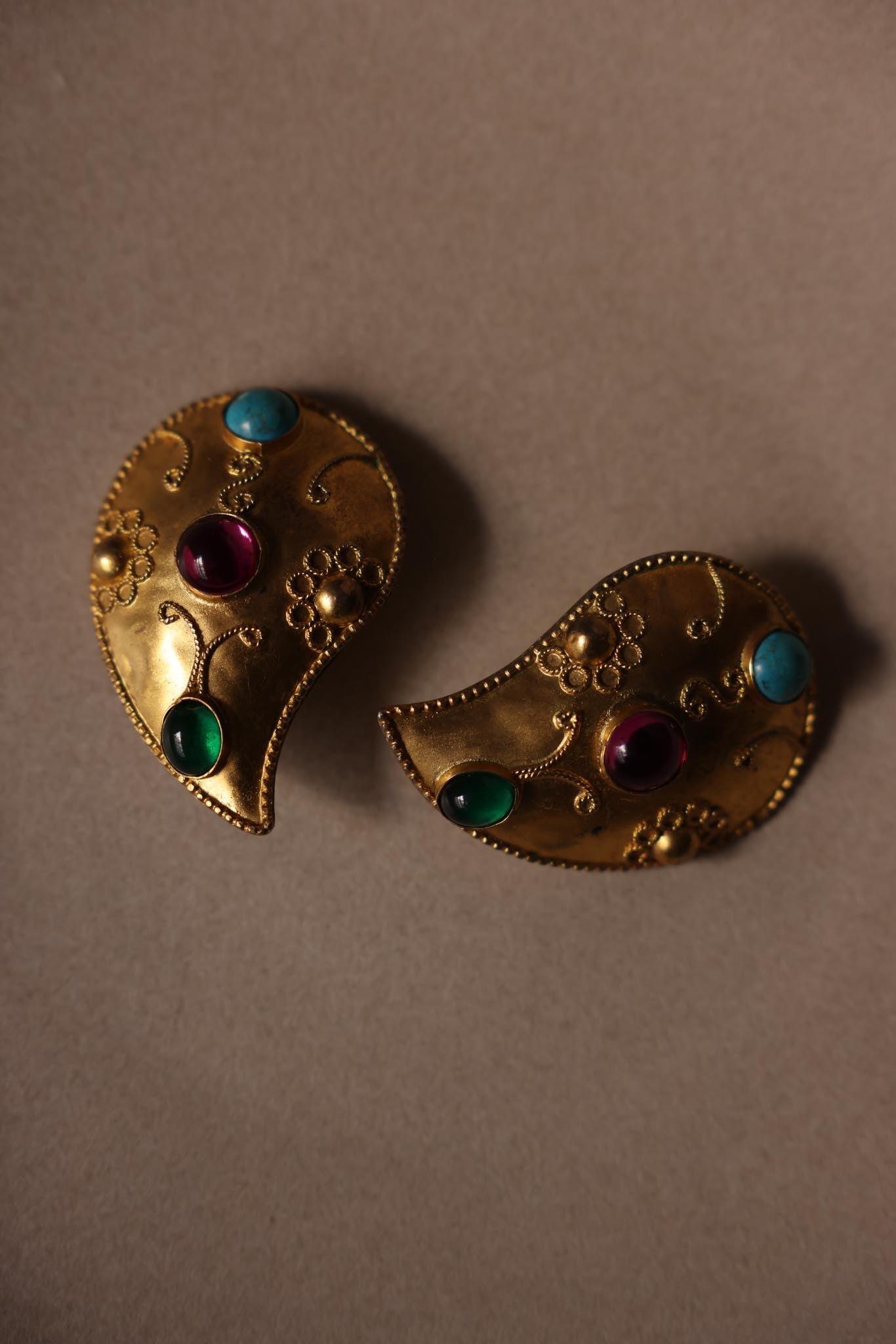 1980s Matte Gold Statement Clip-On Earrings with Multicolor Cabochons