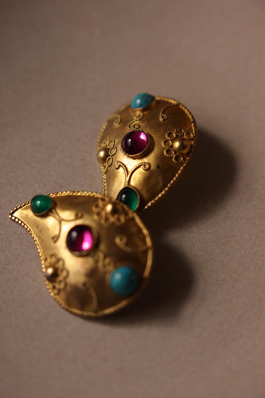 1980s Matte Gold Statement Clip-On Earrings with Multicolor Cabochons