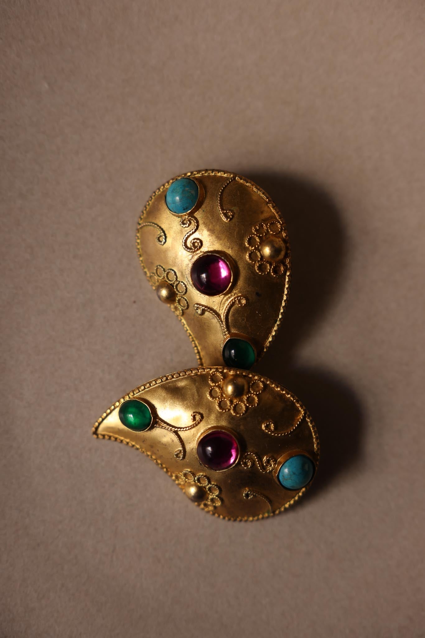 1980s Matte Gold Statement Clip-On Earrings with Multicolor Cabochons