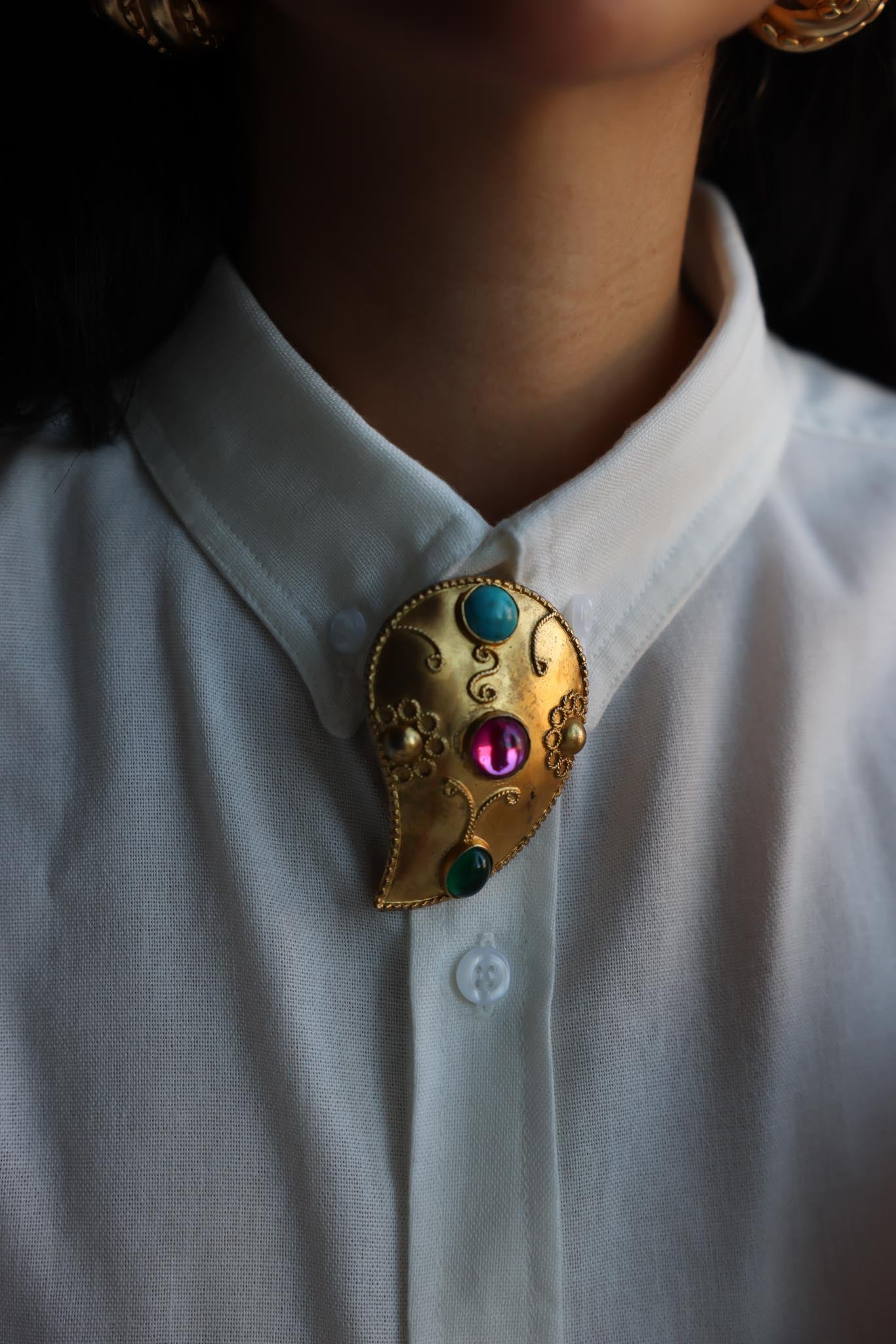 1980s Matte Gold Statement Clip-On Earrings with Multicolor Cabochons