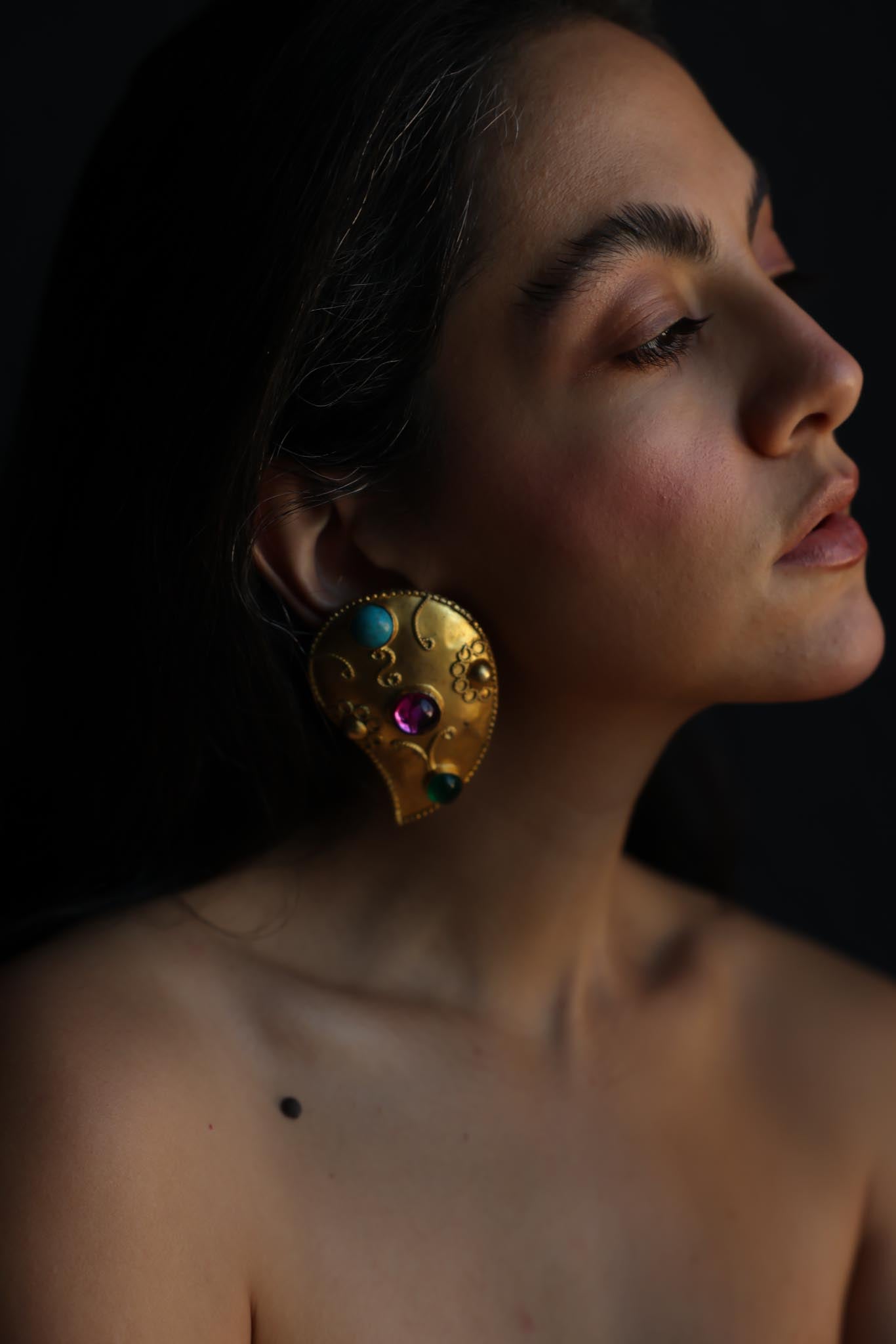 1980s Matte Gold Statement Clip-On Earrings with Multicolor Cabochons