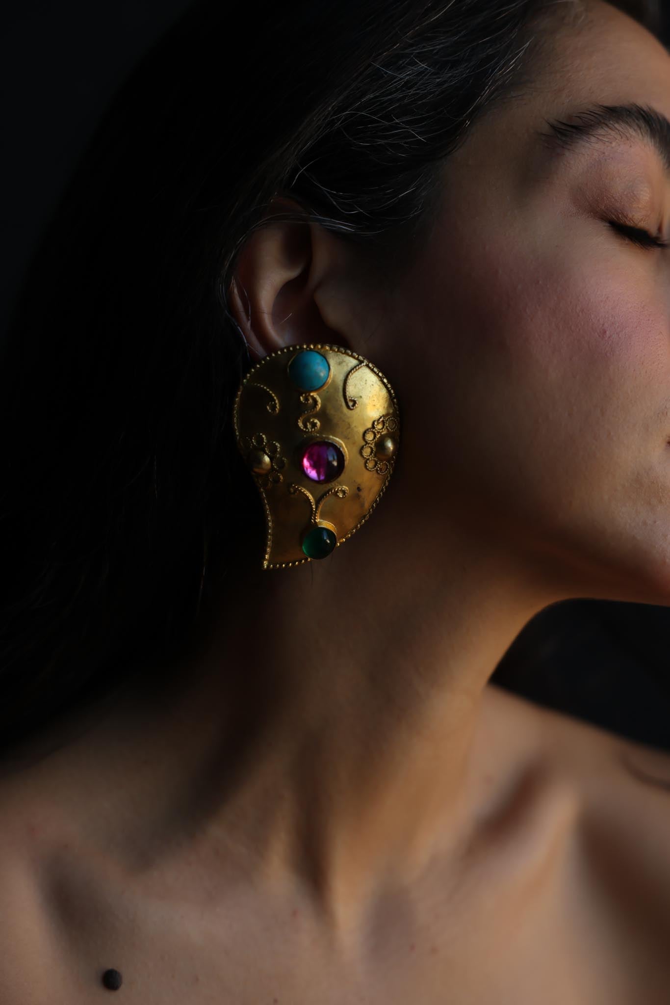 1980s Matte Gold Statement Clip-On Earrings with Multicolor Cabochons