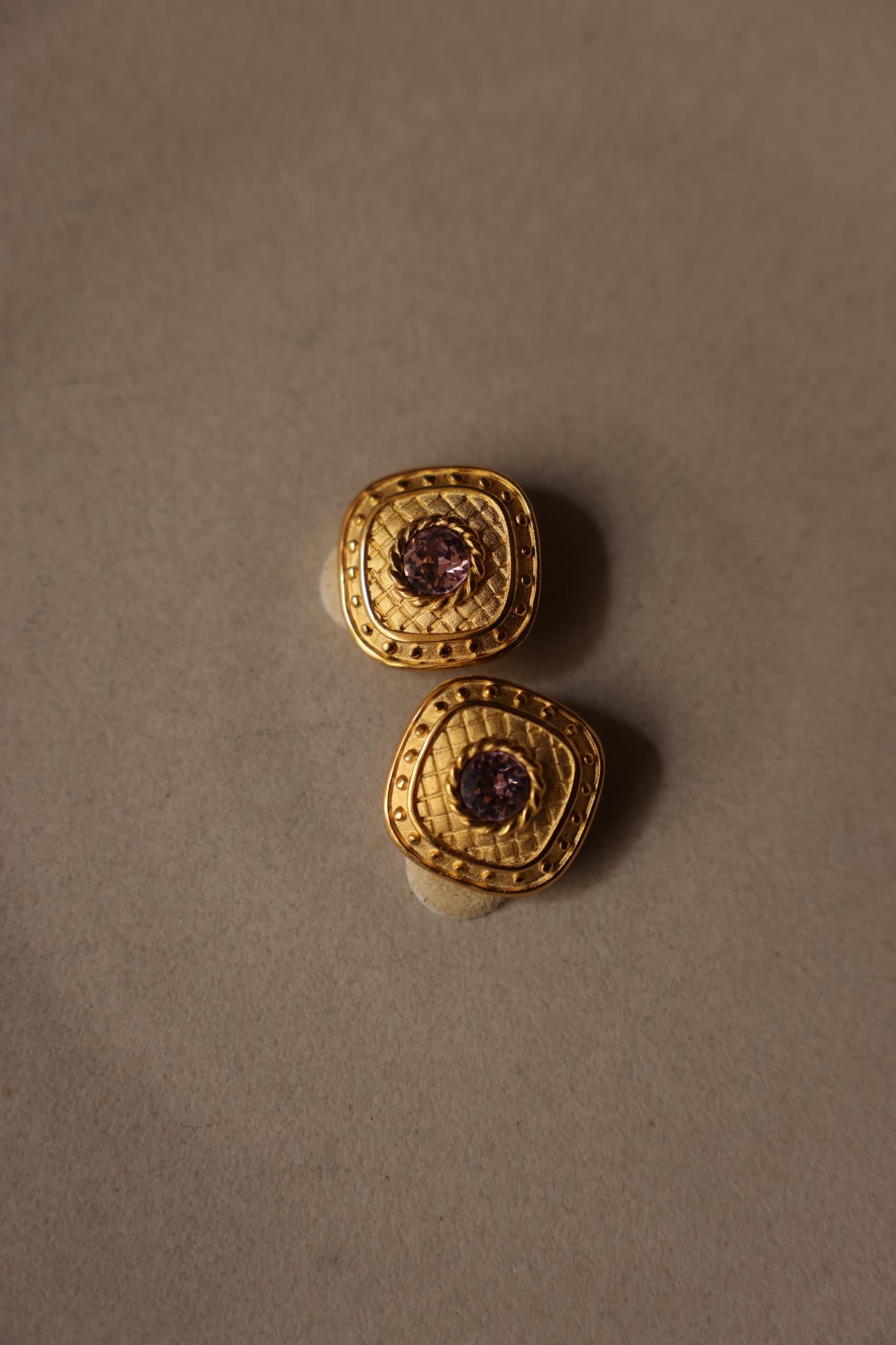 Matte Gold Square Clip-On Earrings with Light Purple Center|Vintage Baazaar 