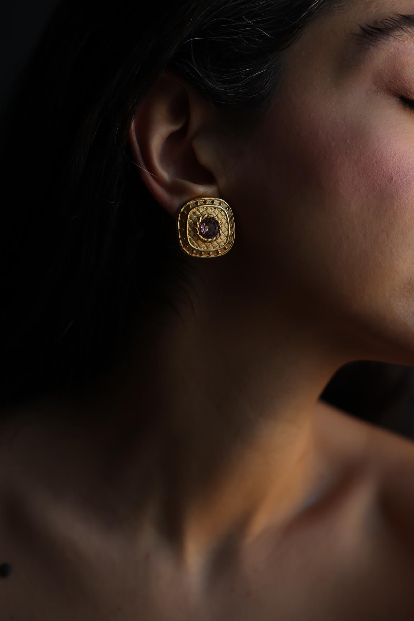 Matte Gold Square Clip-On Earrings with Light Purple Center|Vintage Baazaar 