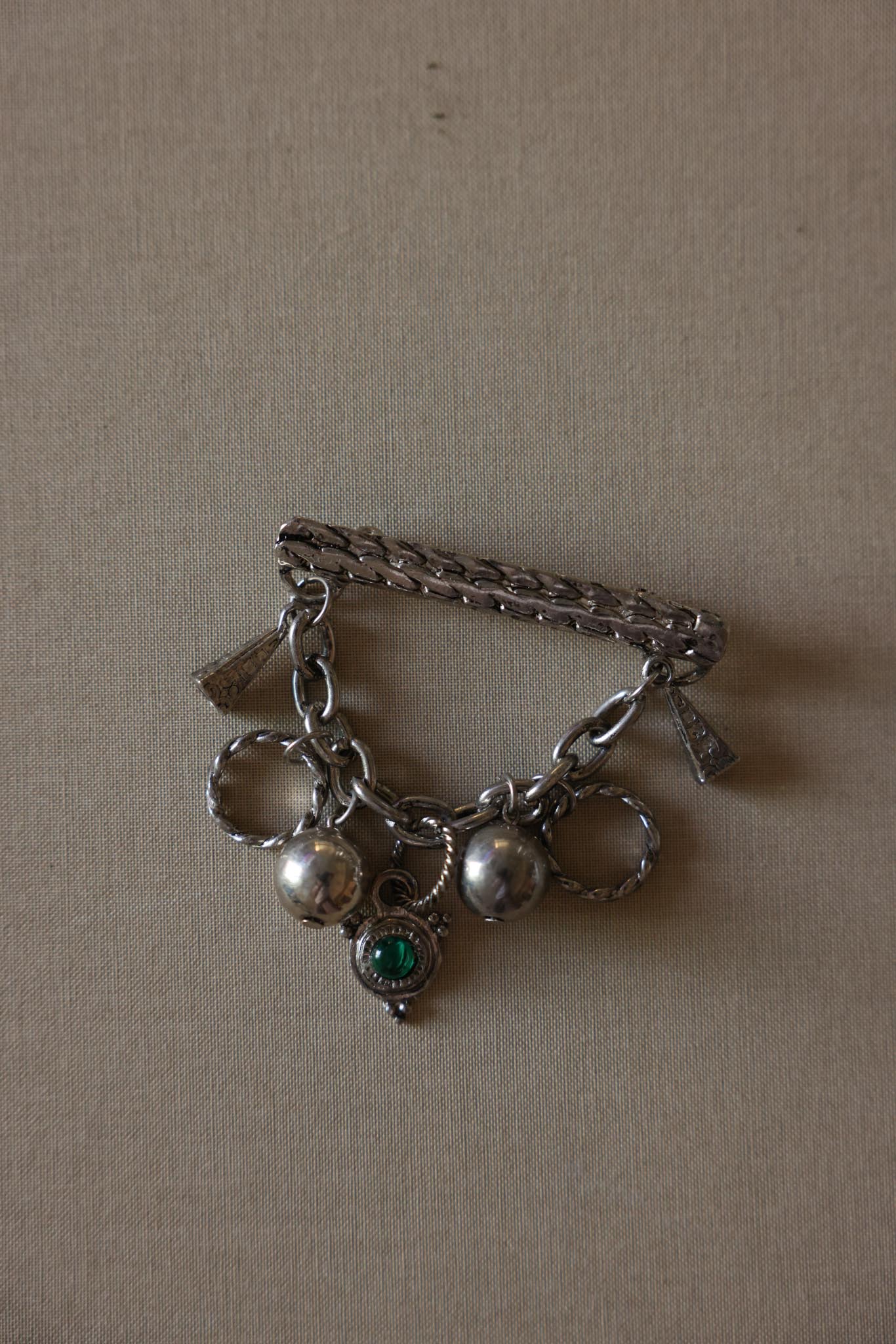 Les Bernard Silver-Tone Charm Brooch with Green Cabochon