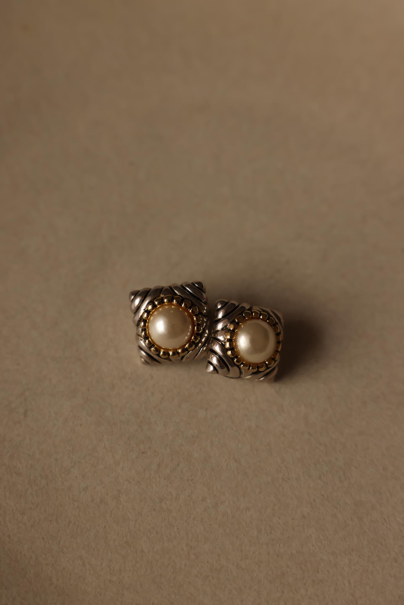 Two-Tone Clip-On Earrings with Faux Pearls|Vintage Baazaar 