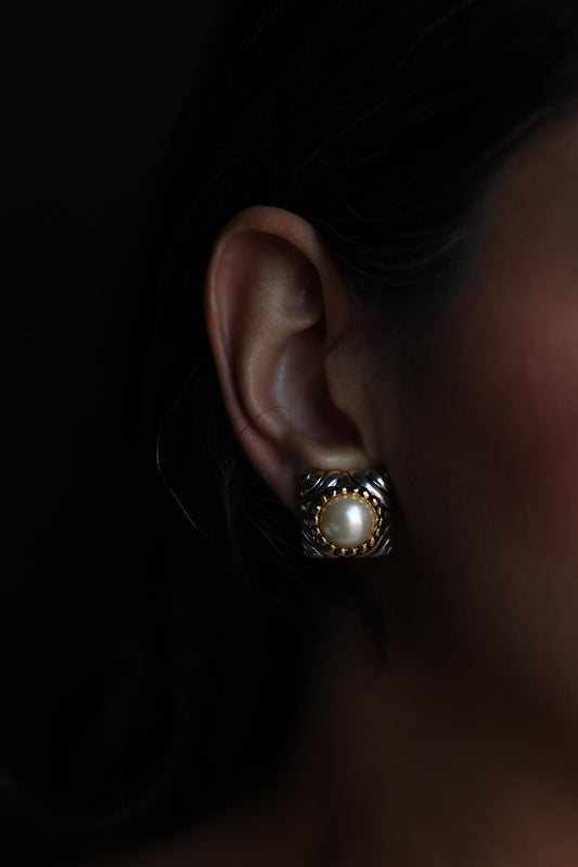 Two-Tone Clip-On Earrings with Faux Pearls|Vintage Baazaar 