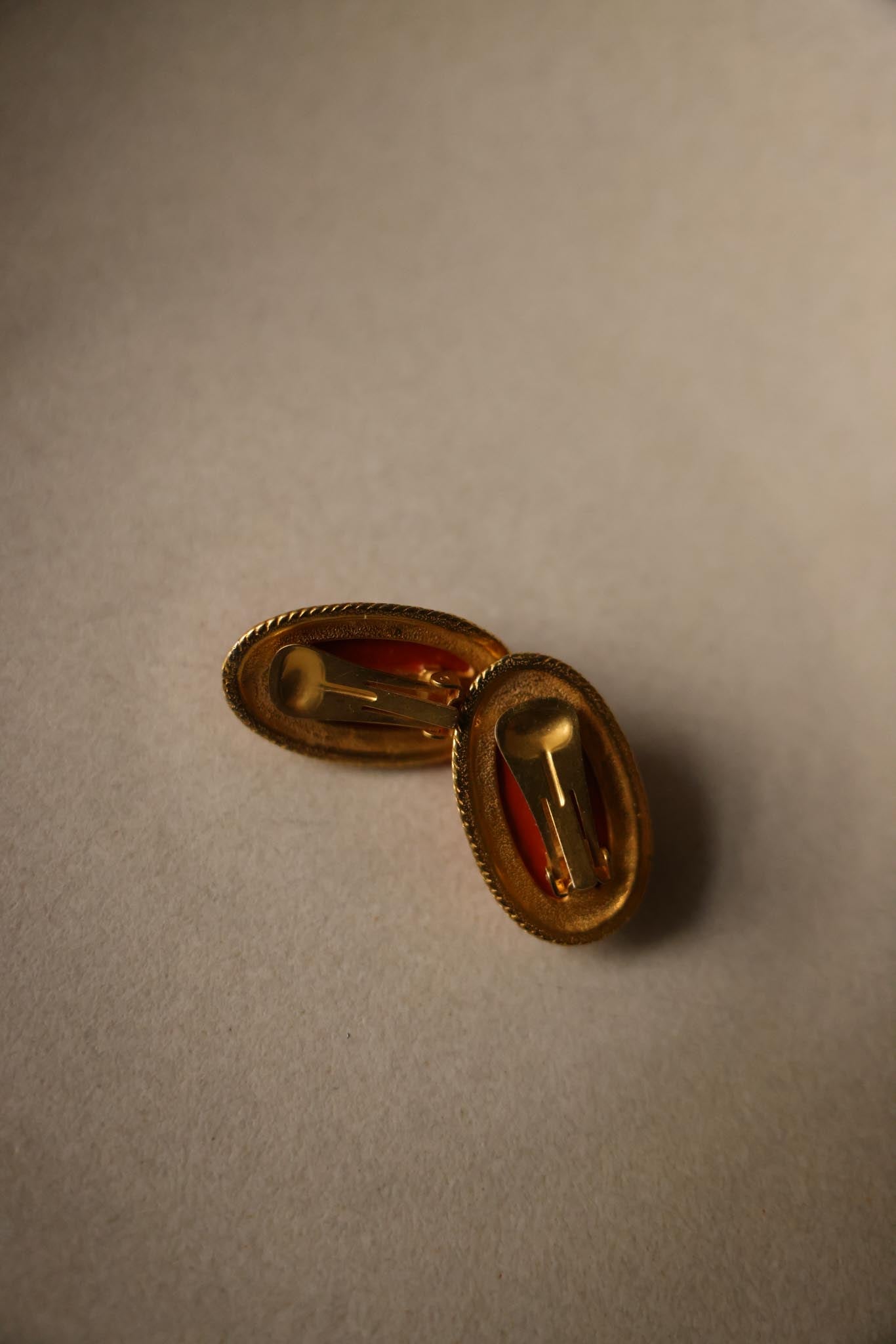 Gold-Tone Clip-On Earrings with Orange Cabochons|Vintage Baazaar 