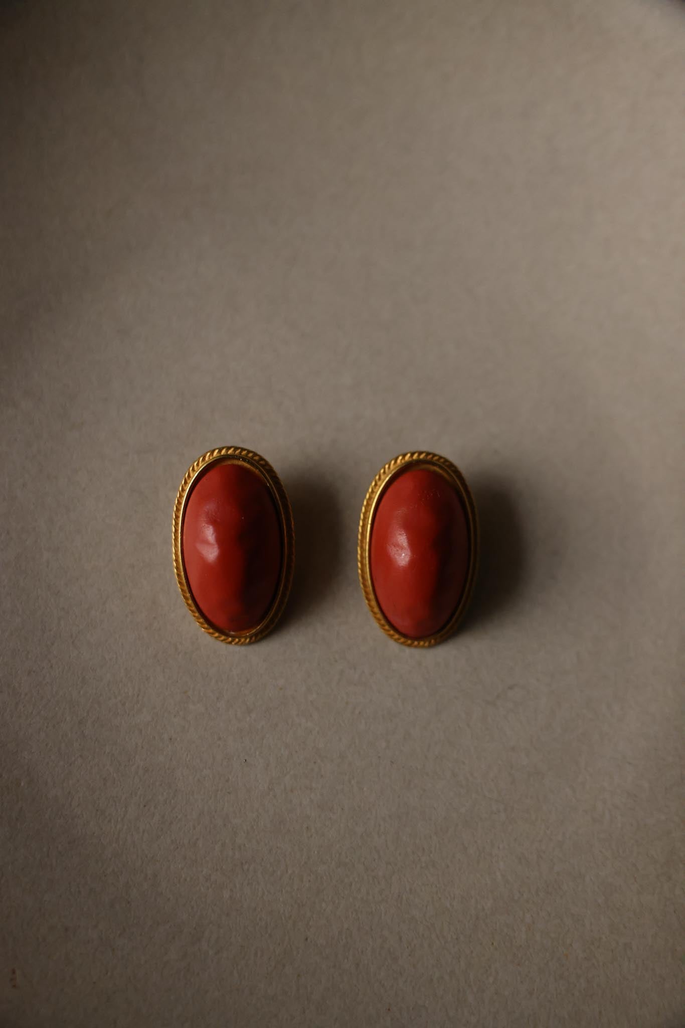 Gold-Tone Clip-On Earrings with Orange Cabochons|Vintage Baazaar 