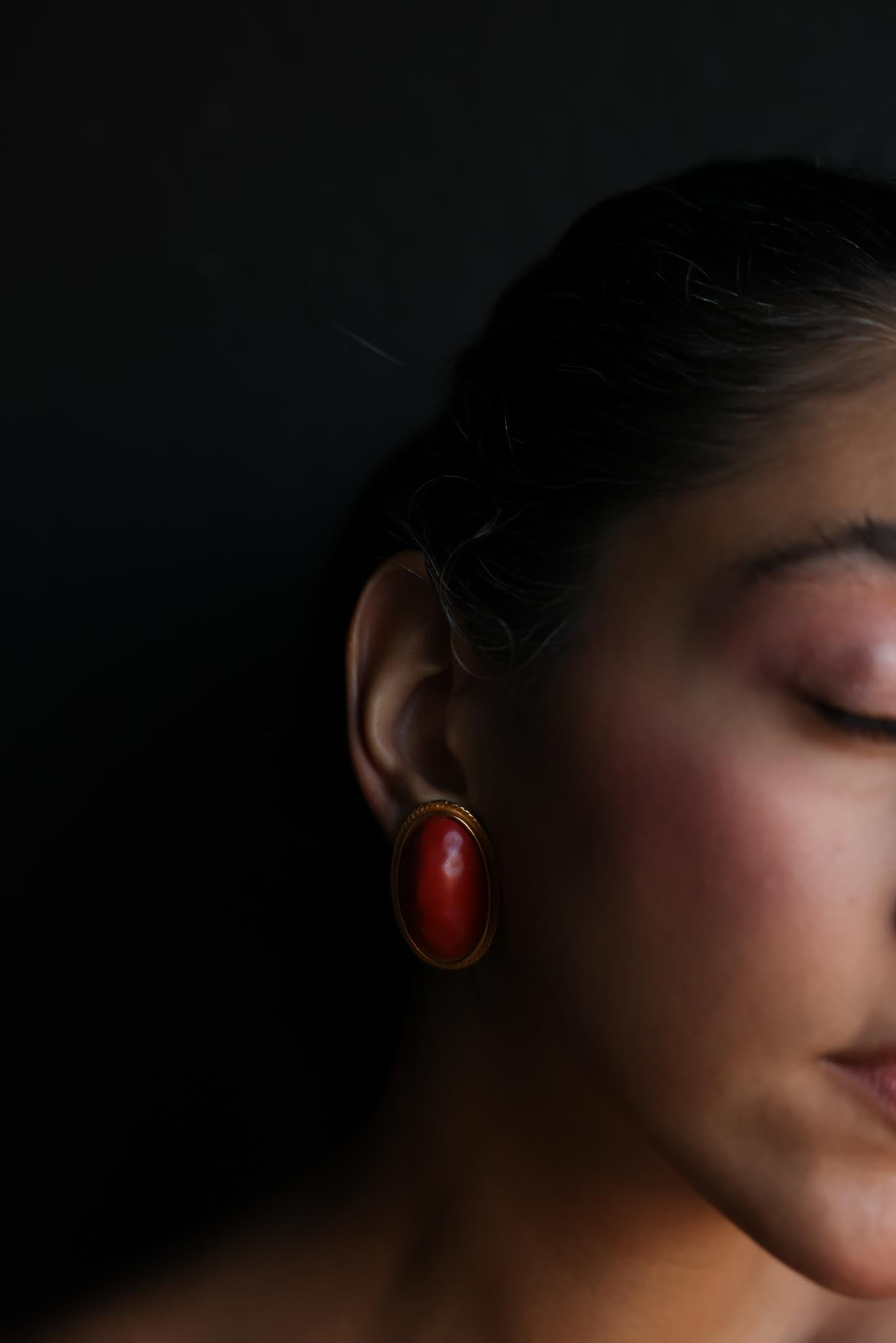 Gold-Tone Clip-On Earrings with Orange Cabochons|Vintage Baazaar 