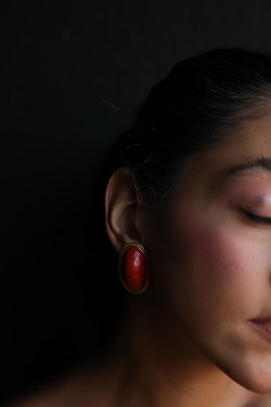 Gold-Tone Clip-On Earrings with Orange Cabochons|Vintage Baazaar 