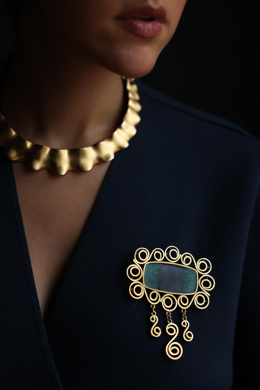 Gold Swirl Frame Brooch with Enamel Center|Vintage Baazaar 