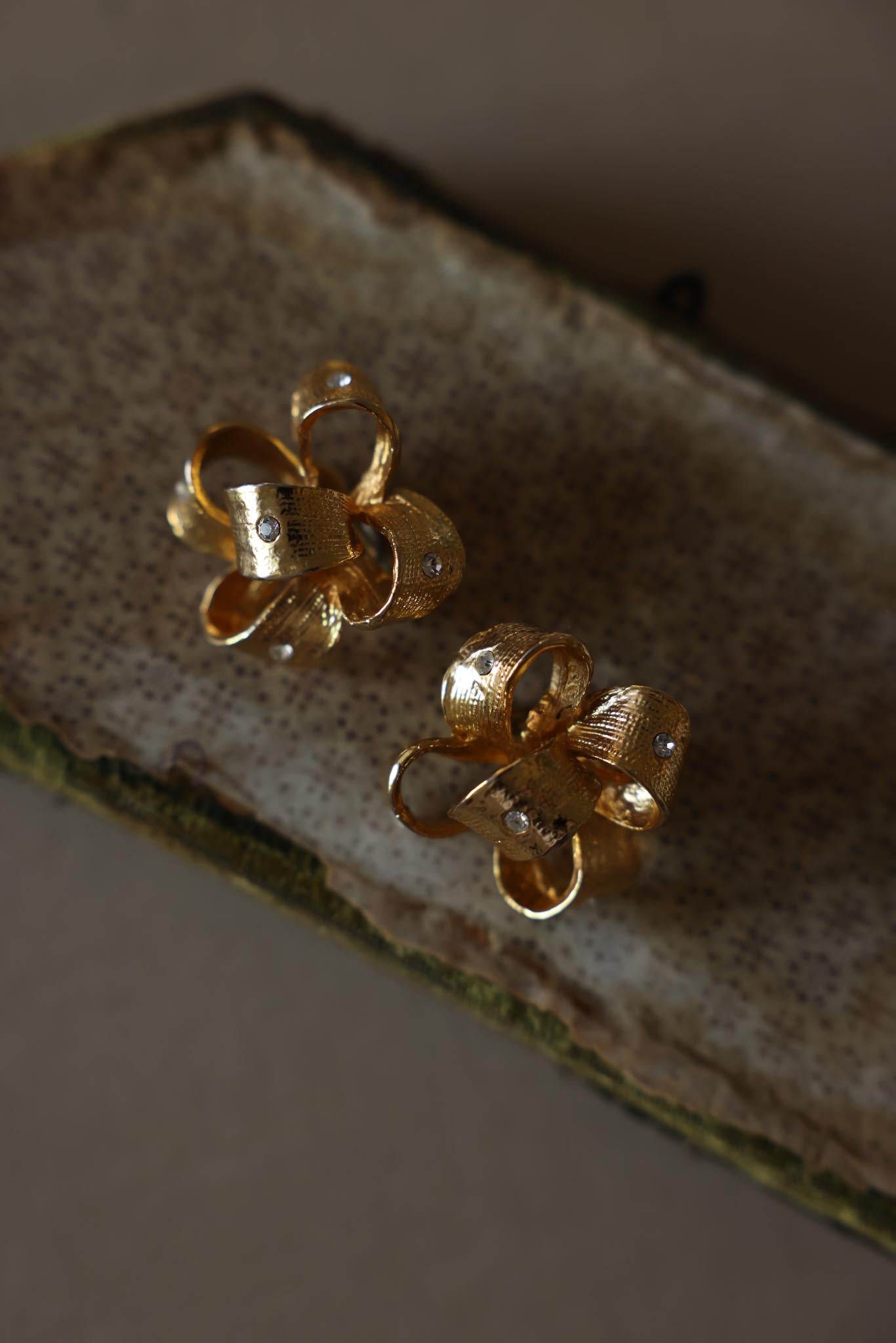 Gold-Tone Ribbon Bow Clip-On Earrings with Clear Rhinestones