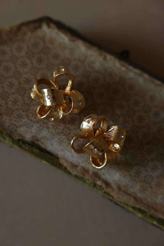 Gold-Tone Ribbon Bow Clip-On Earrings with Clear Rhinestones