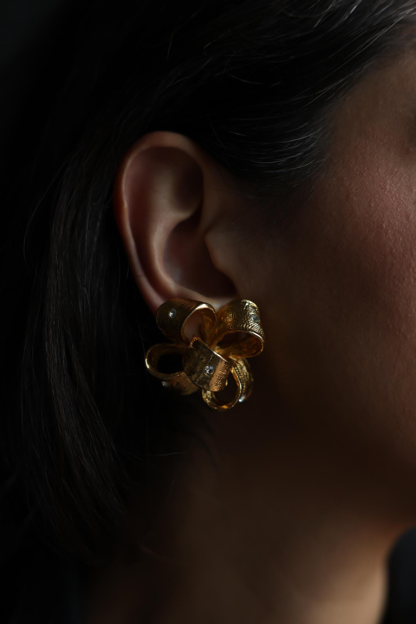Gold-Tone Ribbon Bow Clip-On Earrings with Clear Rhinestones
