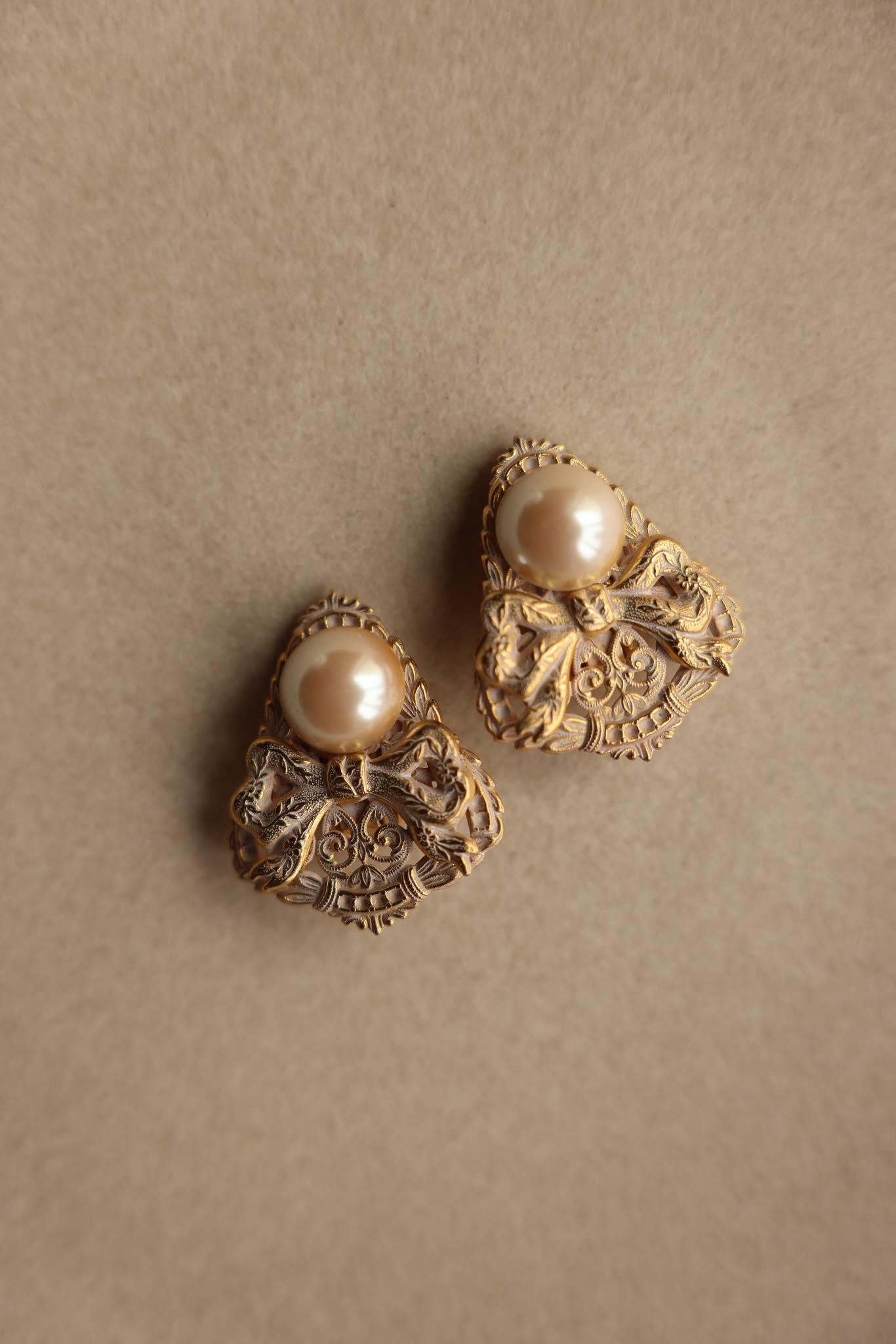 Bow Filigree Clip-On Earrings with Faux Pearls|Vintage Baazaar 