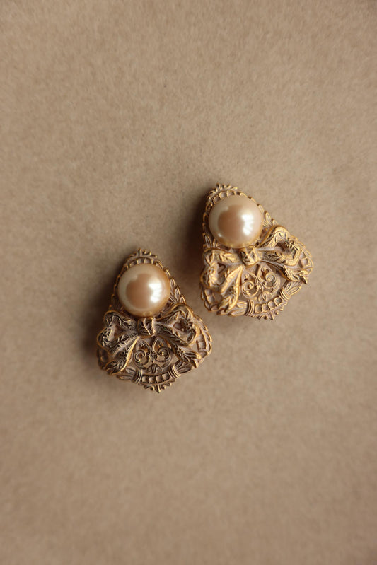 Bow Filigree Clip-On Earrings with Faux Pearls|Vintage Baazaar 