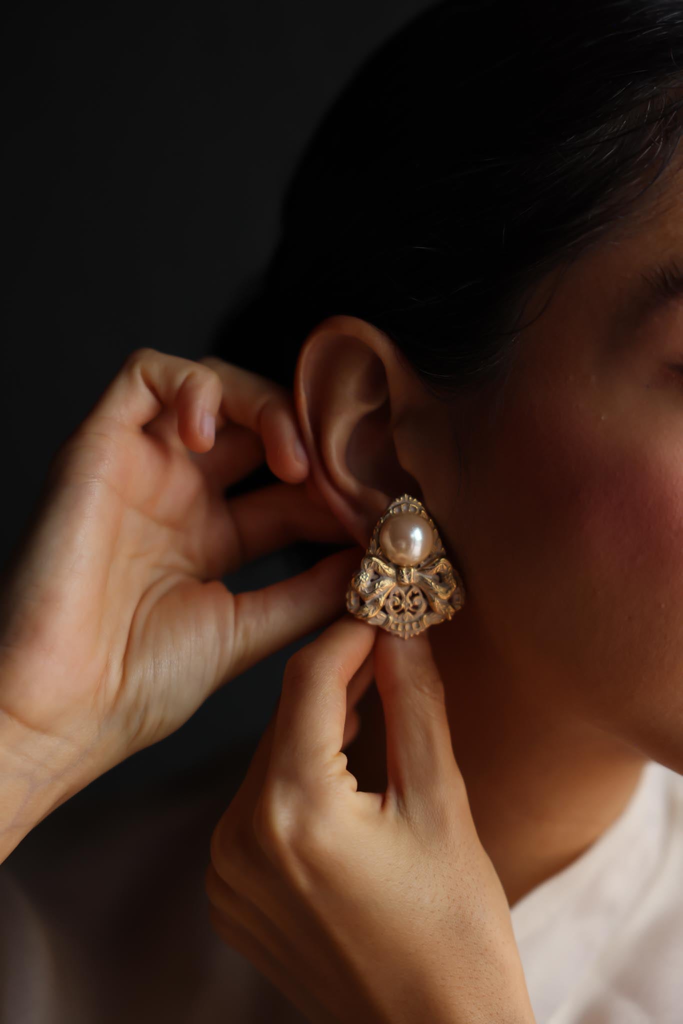 Bow Filigree Clip-On Earrings with Faux Pearls|Vintage Baazaar 