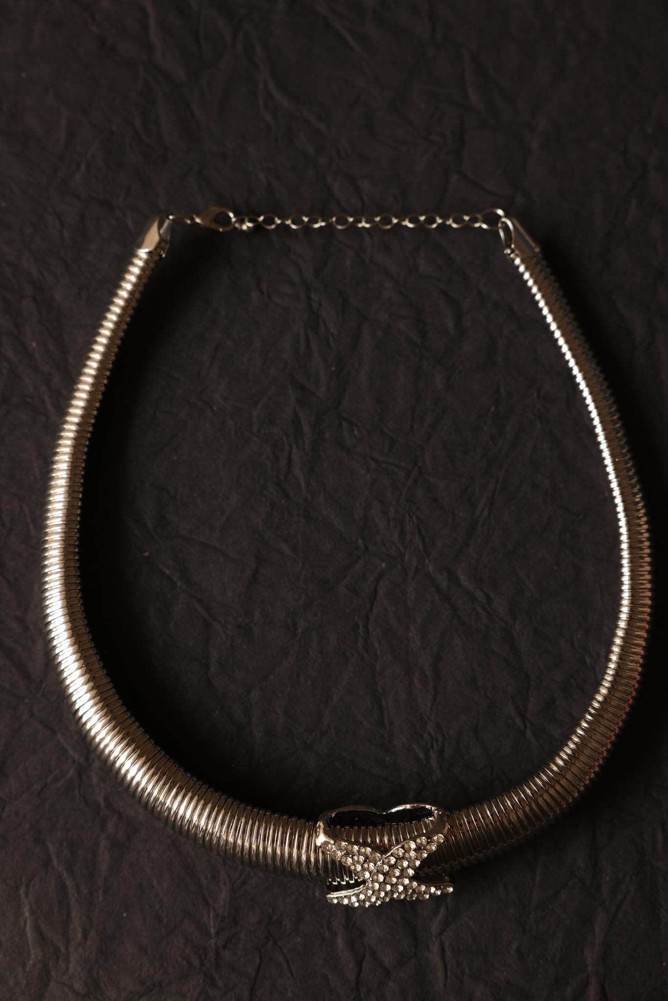 Silver-Tone Omega Chain Necklace with Removable Rhinestone X Centerpiece|Vintage Baazaar 