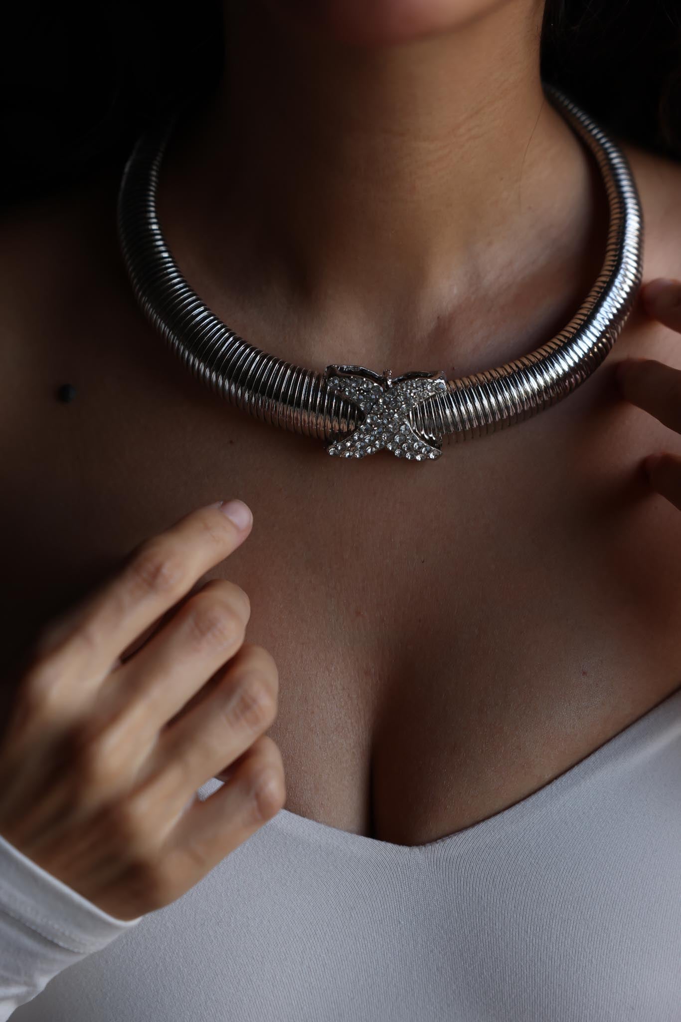 Silver-Tone Omega Chain Necklace with Removable Rhinestone X Centerpiece|Vintage Baazaar 