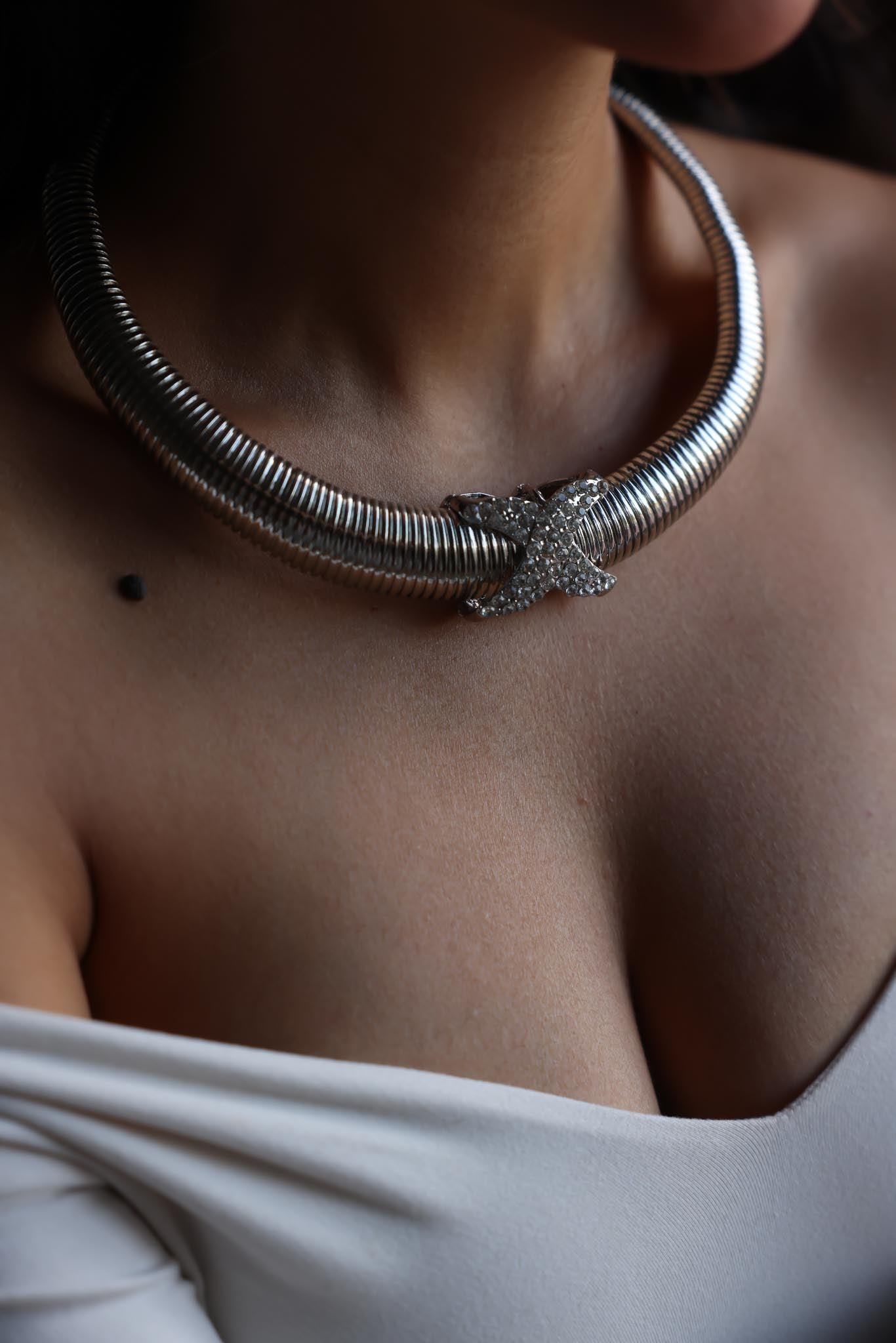 Silver-Tone Omega Chain Necklace with Removable Rhinestone X Centerpiece|Vintage Baazaar 