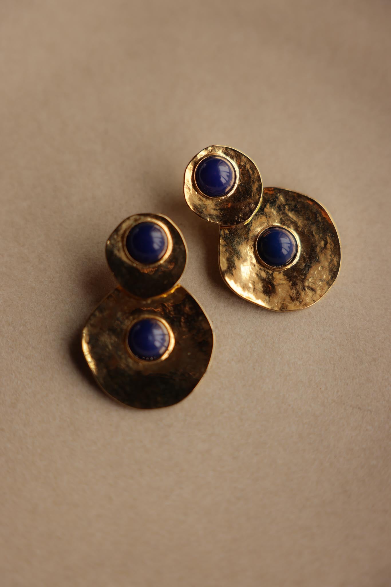 Hammered Gold-Tone Earrings with Blue Cabochons|Vintage Baazaar 