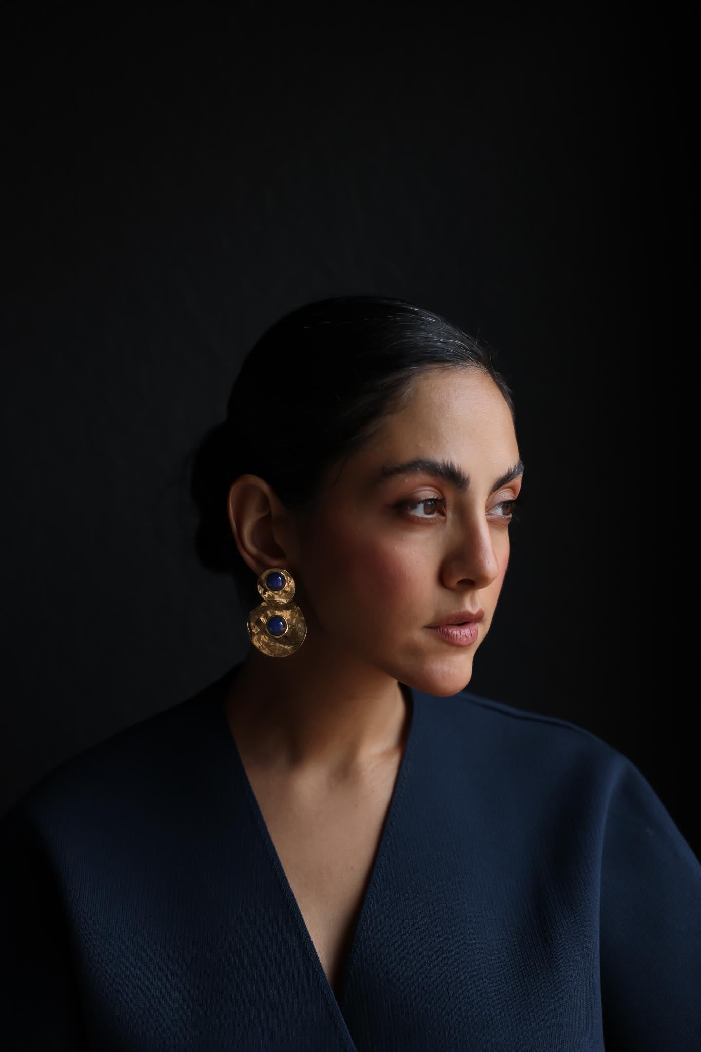 Hammered Gold-Tone Earrings with Blue Cabochons|Vintage Baazaar 