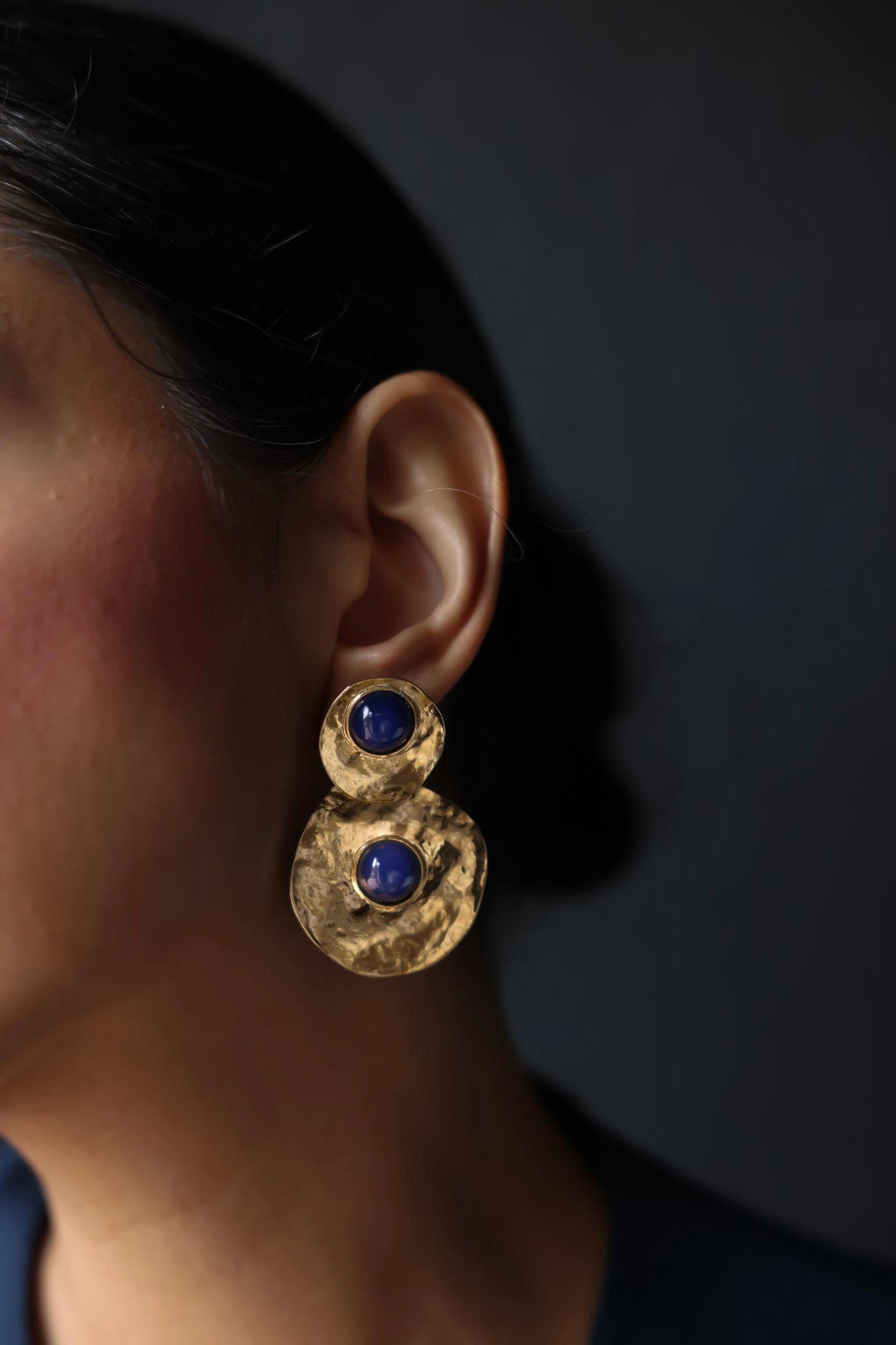 Hammered Gold-Tone Earrings with Blue Cabochons|Vintage Baazaar 