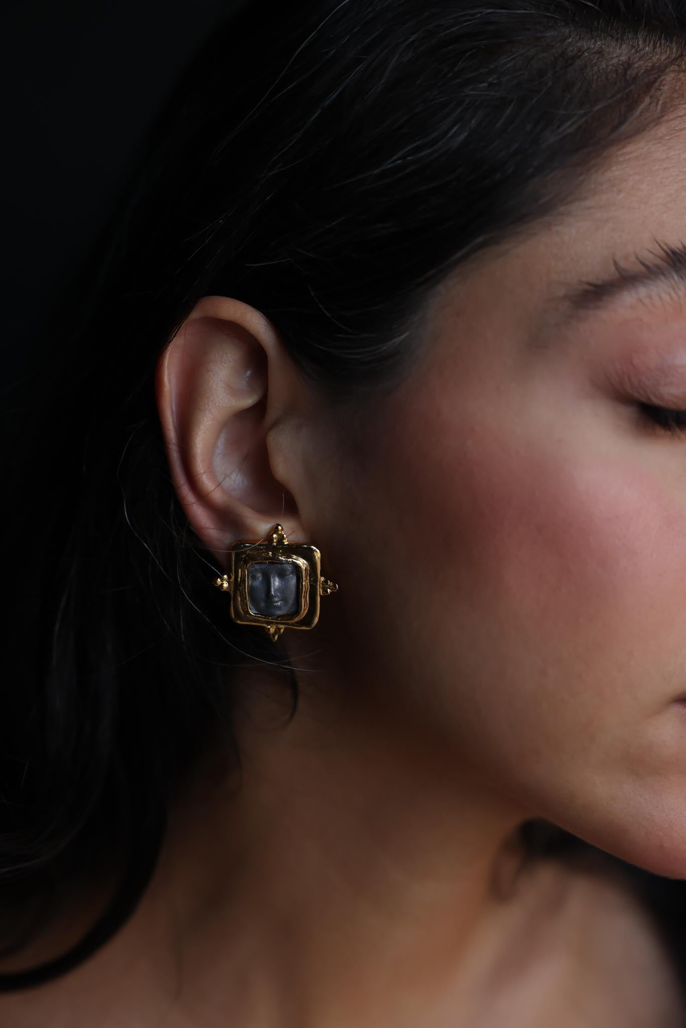 Gold-Tone Face Clip-On Earrings|Vintage Baazaar 