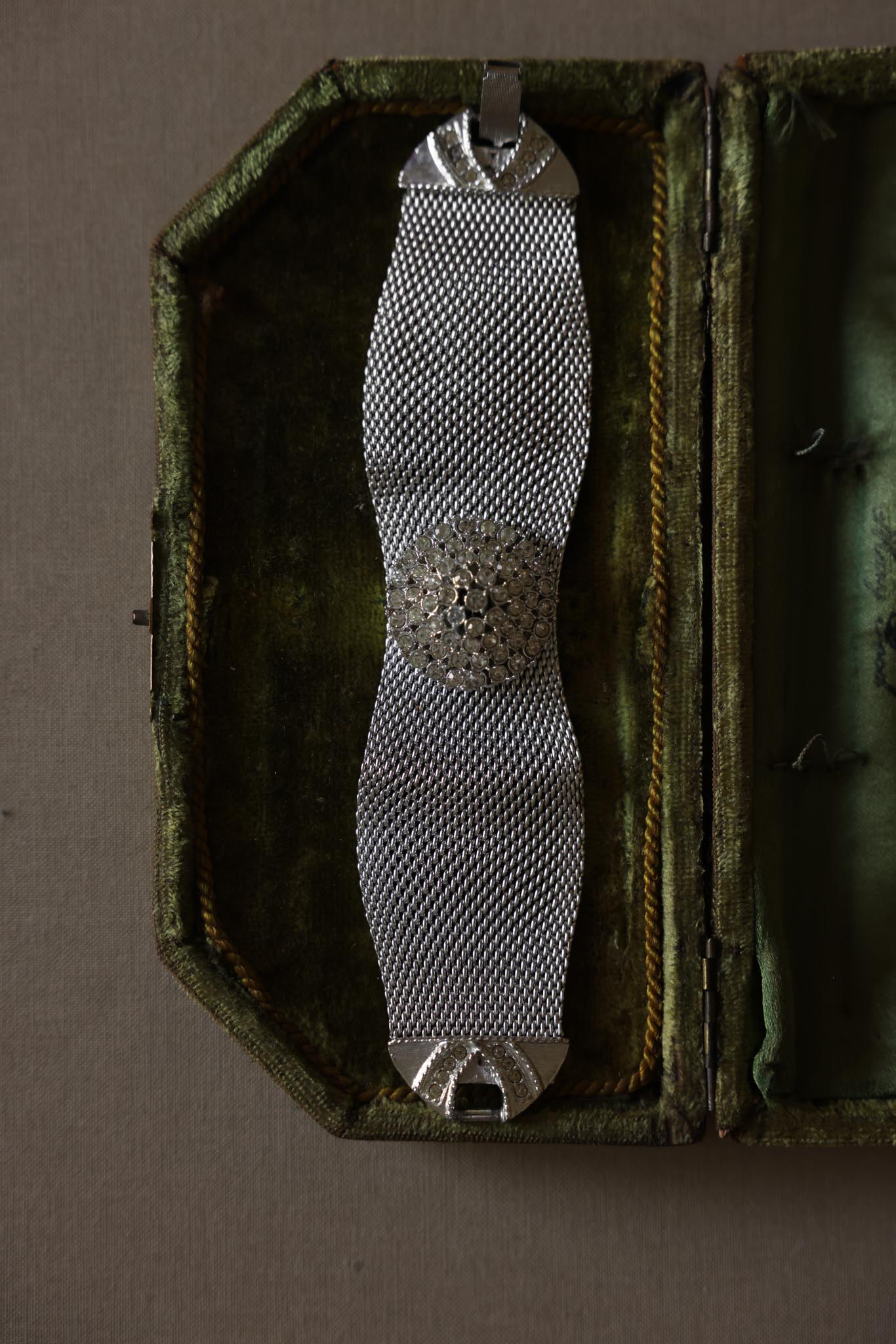 Silver-Tone Mesh Bracelet with Clear Rhinestone Cluster