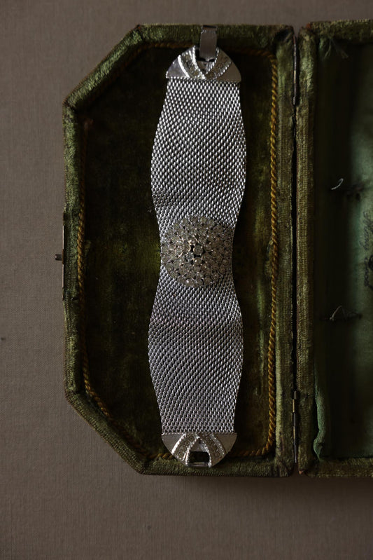 Silver-Tone Mesh Bracelet with Clear Rhinestone Cluster