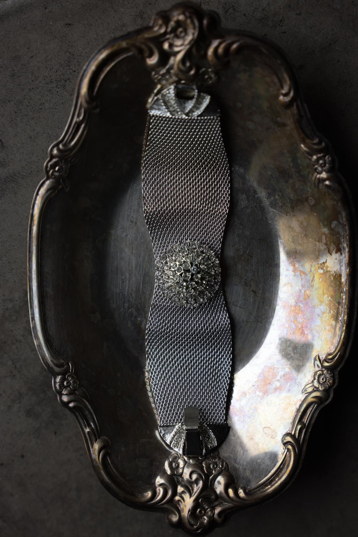 Silver-Tone Mesh Bracelet with Clear Rhinestone Cluster