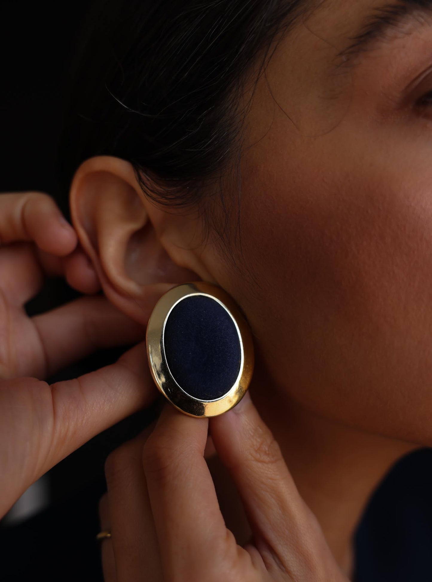 Gold-Tone & Navy Suede Clip-On Earrings|Vintage Baazaar 