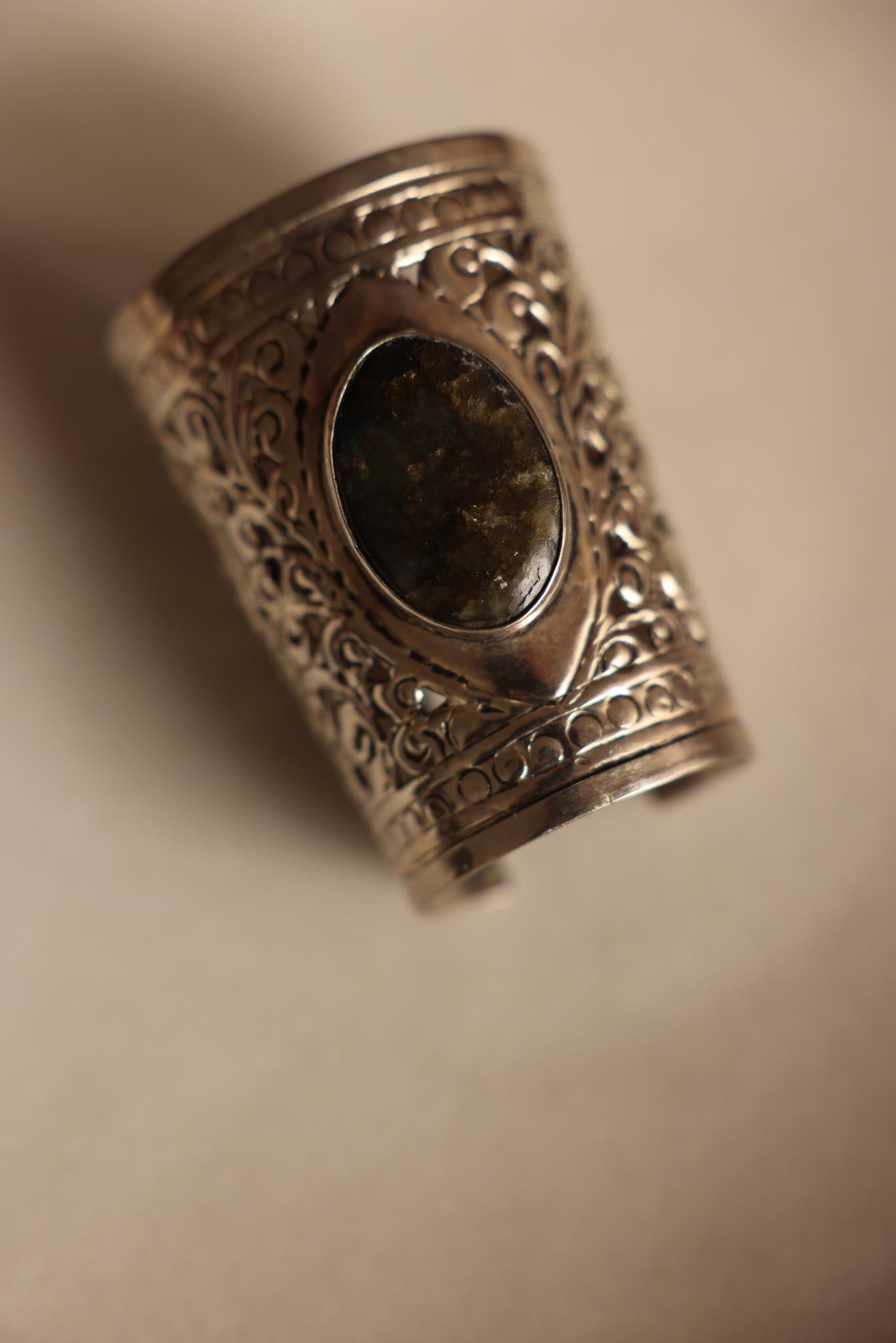 Ornate Silver-Tone Cuff with Dark Green Natural Stone|Vintage Baazaar 