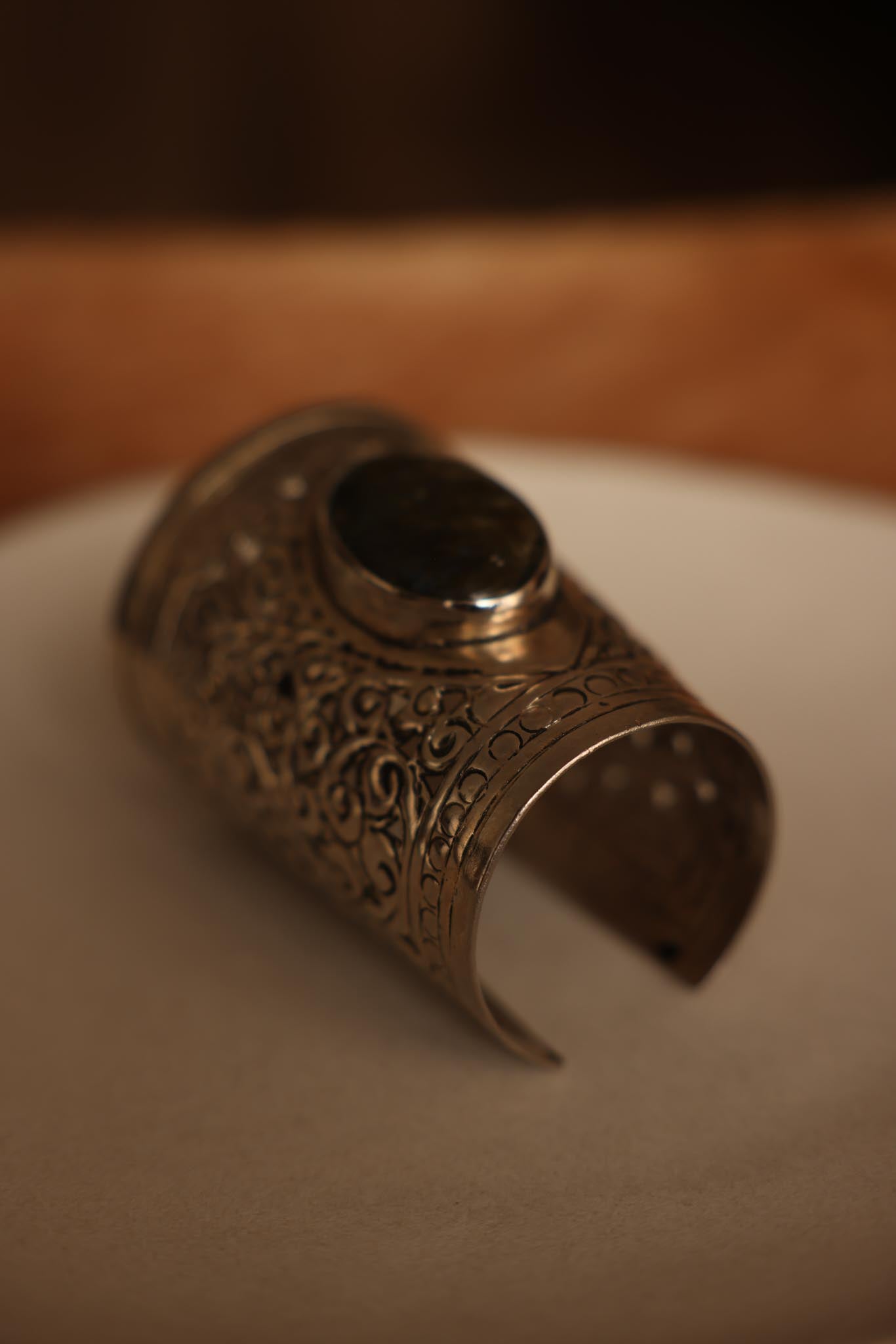 Ornate Silver-Tone Cuff with Dark Green Natural Stone|Vintage Baazaar 