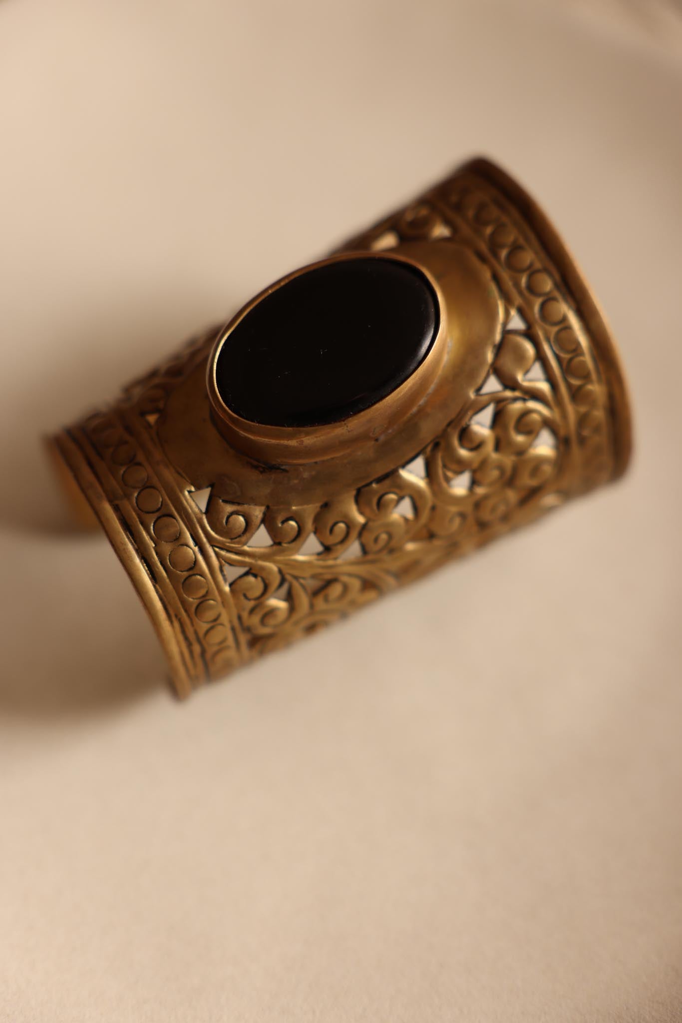 Gold Brass Cutout Cuff with Black Stone Center|Vintage Baazaar 