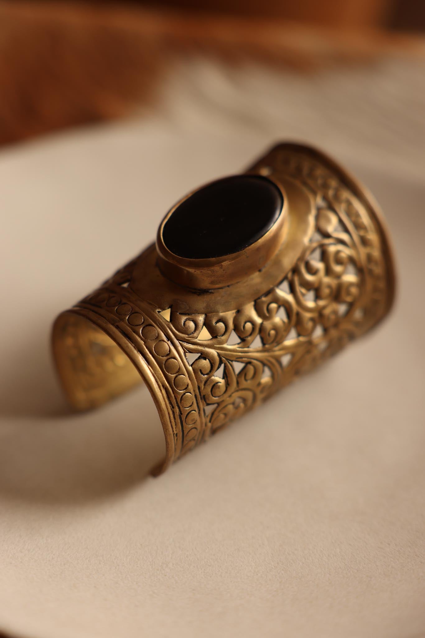Gold Brass Cutout Cuff with Black Stone Center|Vintage Baazaar 