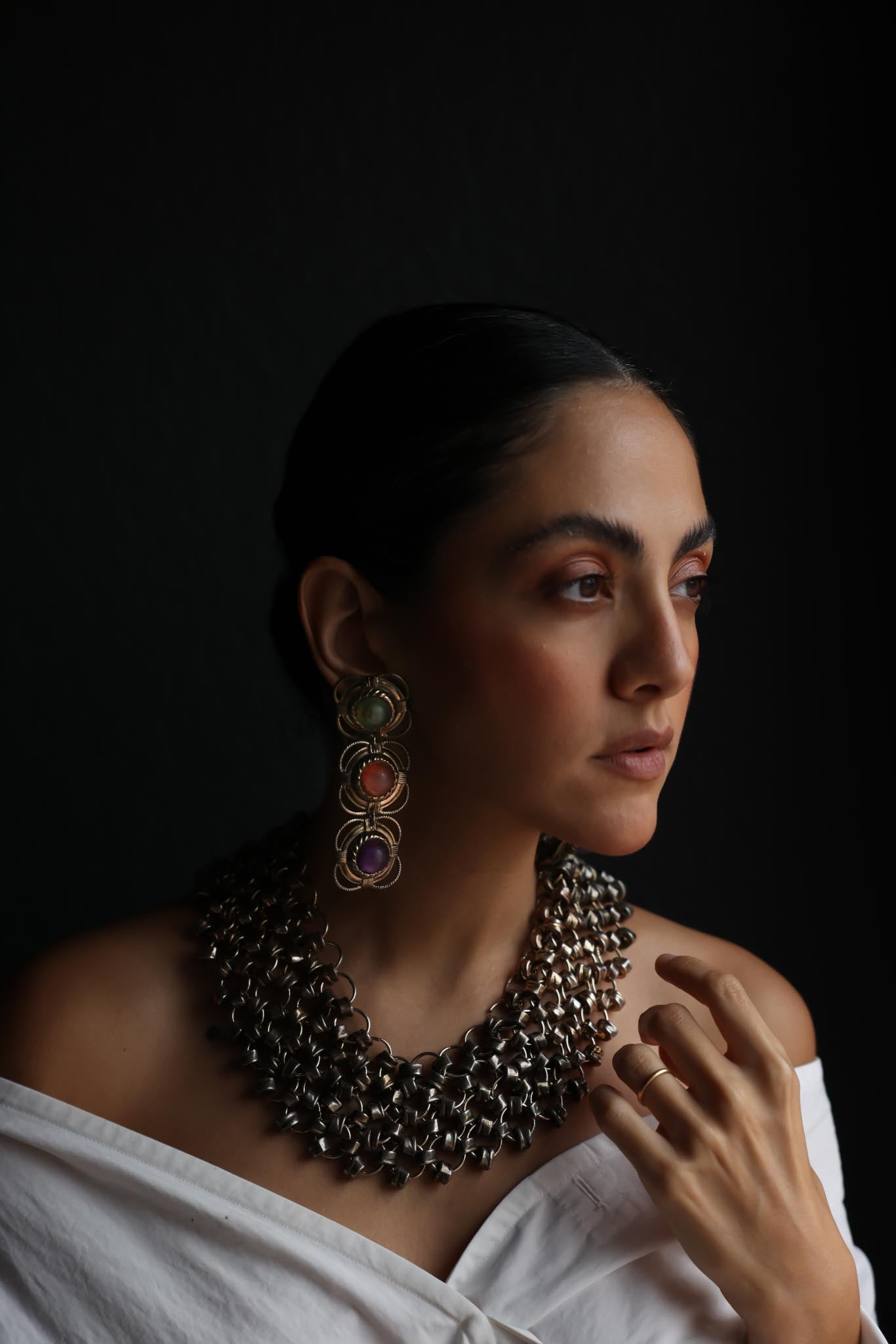 Brass Filigree Drop Earrings with Multicolor Cabochons|Vintage Baazaar 