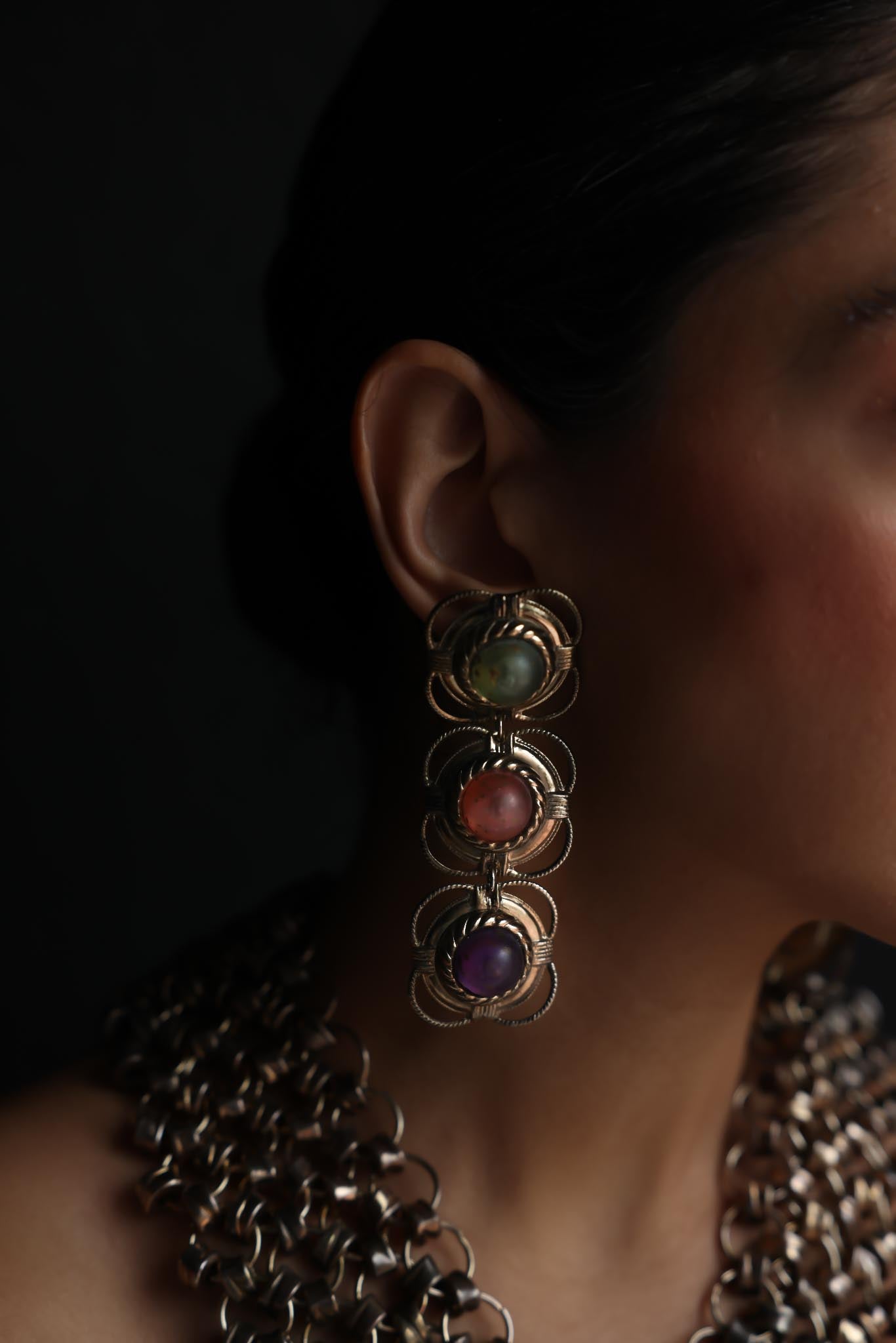 Brass Filigree Drop Earrings with Multicolor Cabochons|Vintage Baazaar 