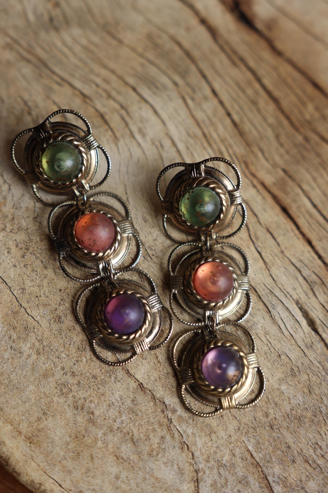 Brass Filigree Drop Earrings with Multicolor Cabochons|Vintage Baazaar 