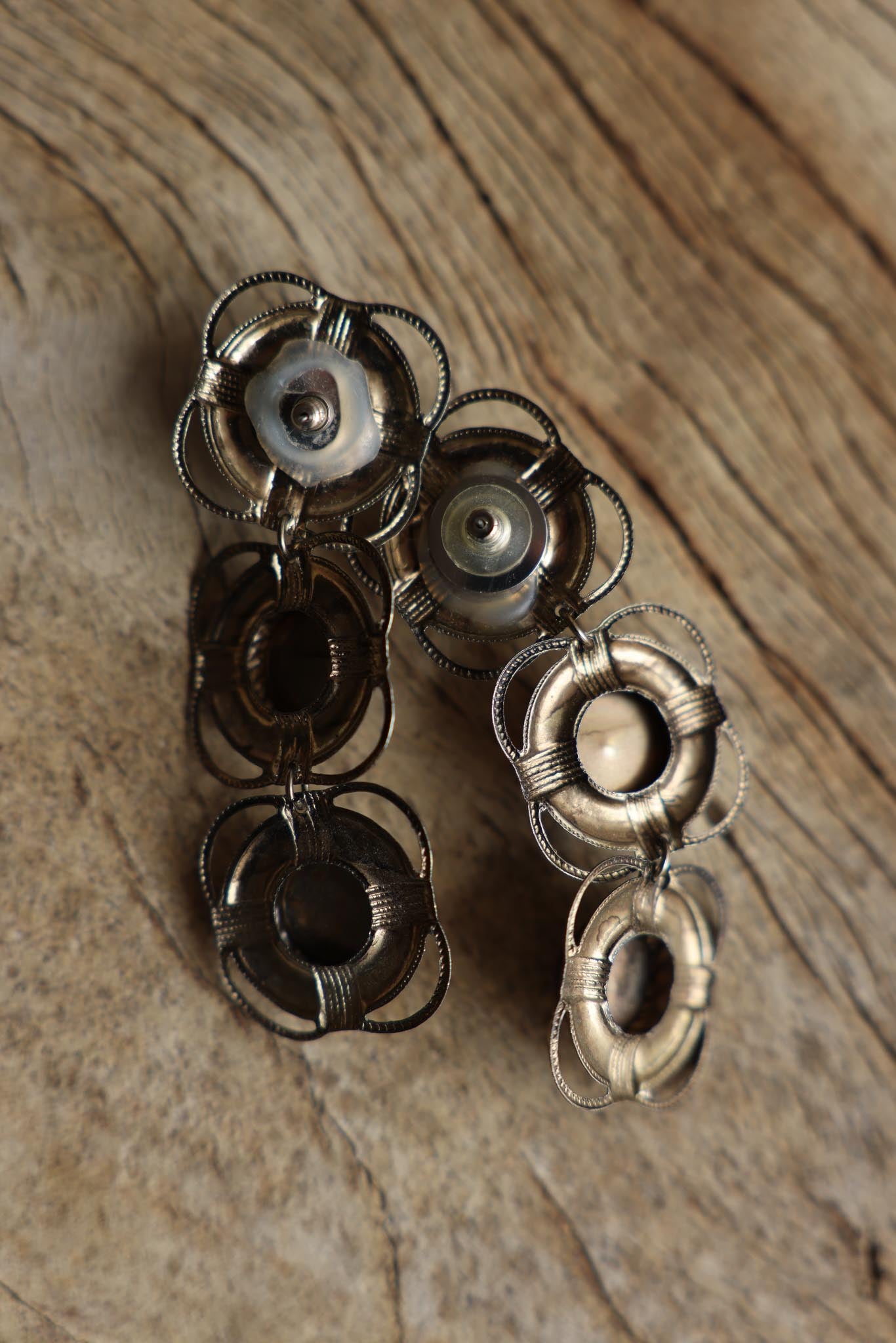 Brass Filigree Drop Earrings with Multicolor Cabochons|Vintage Baazaar 