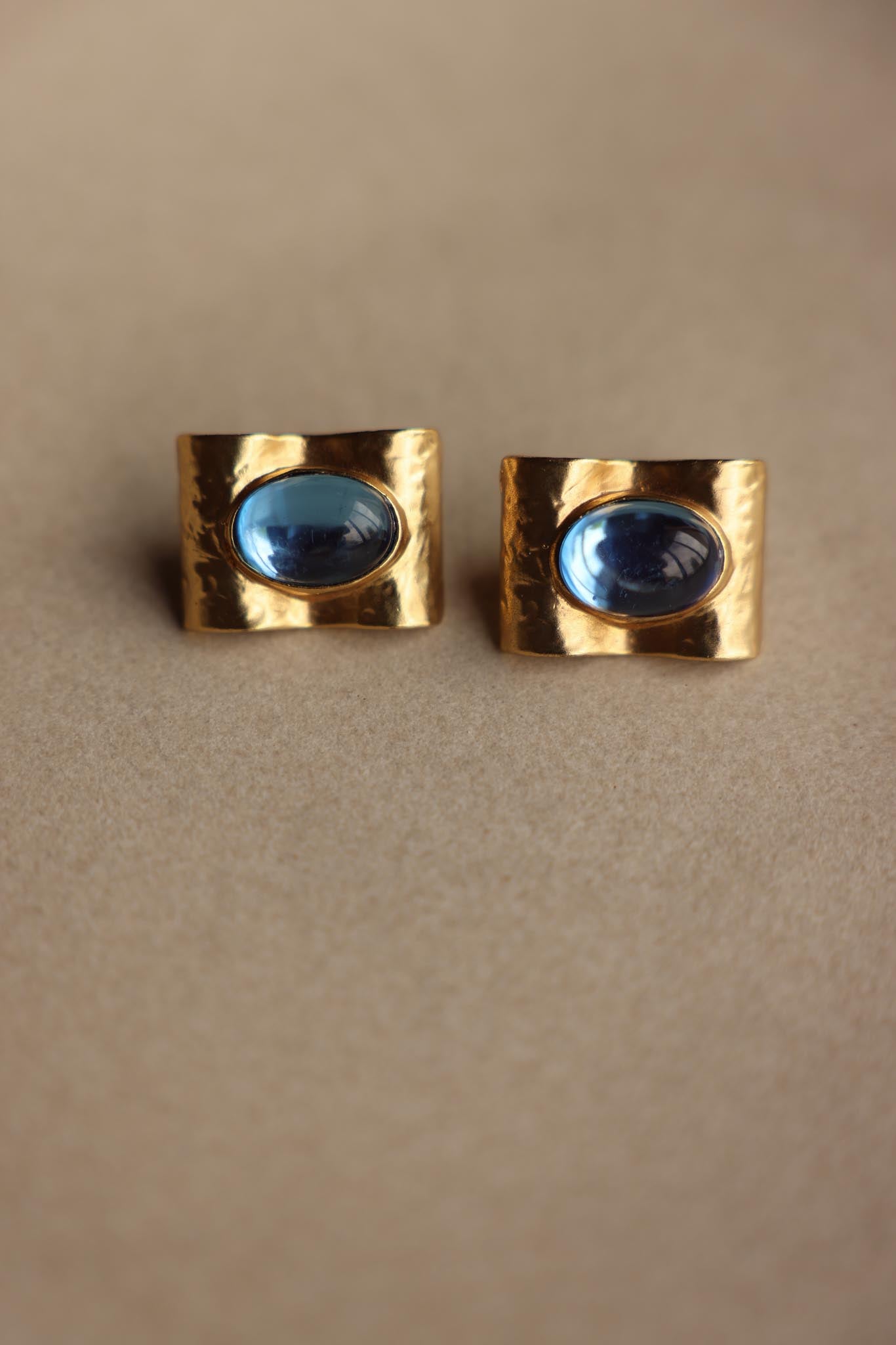 Gold Sculpted Clip-On Earrings with Blue Cabochons|Vintage Baazaar 