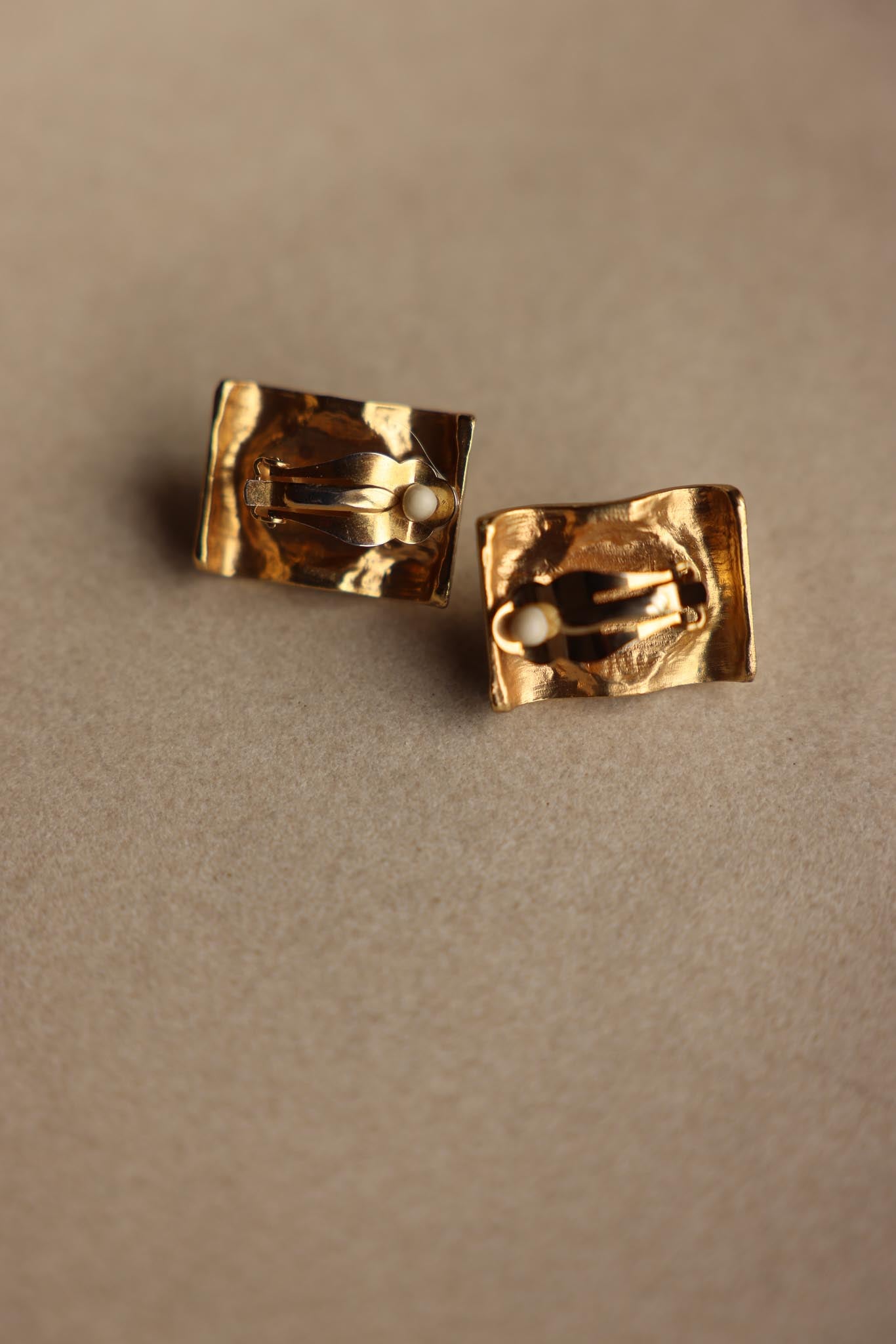 Gold Sculpted Clip-On Earrings with Blue Cabochons|Vintage Baazaar 